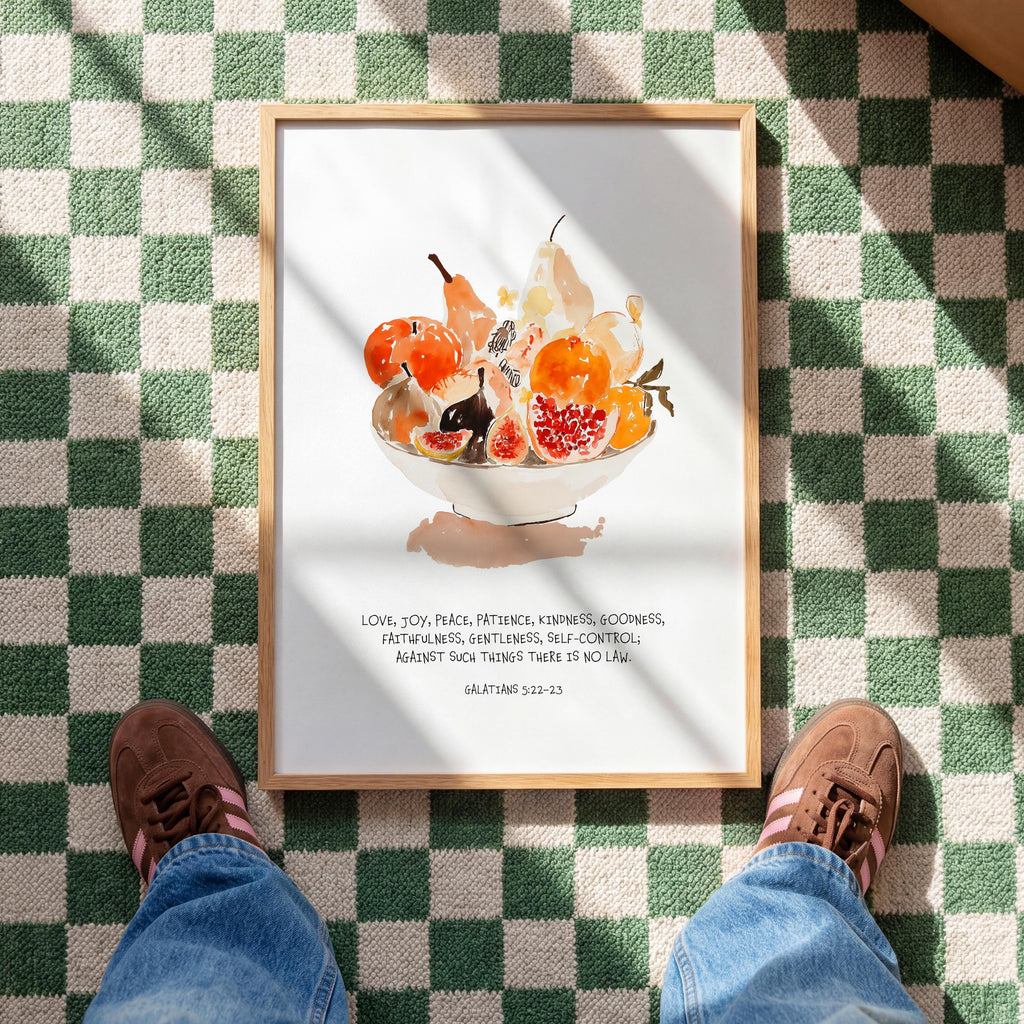 Fruit of the Spirit Wall Art Print, Watercolor Fruit Bowl, Galatians Bible Verse