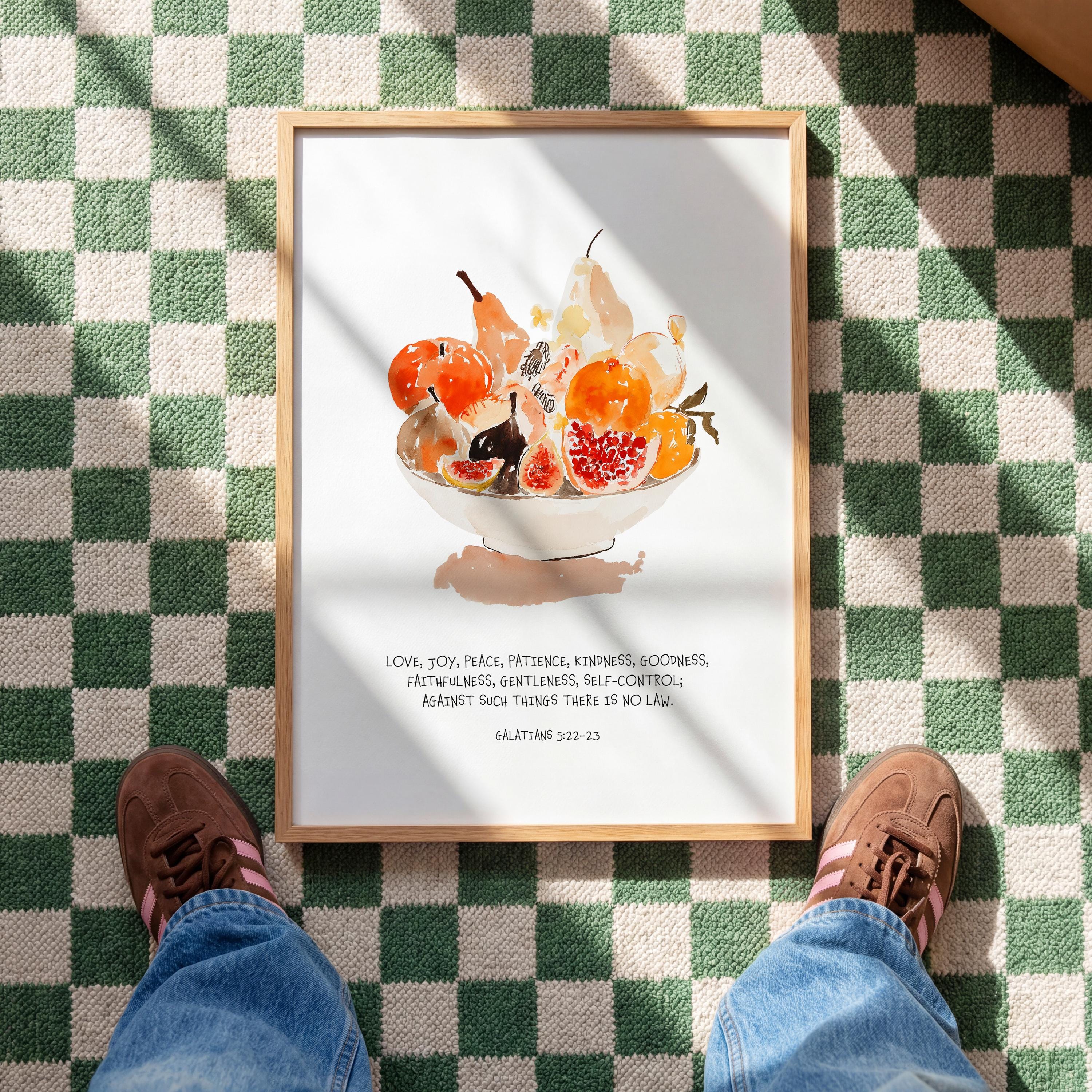 Fruit of the Spirit Wall Art Print, Watercolor Fruit Bowl, Galatians Bible Verse