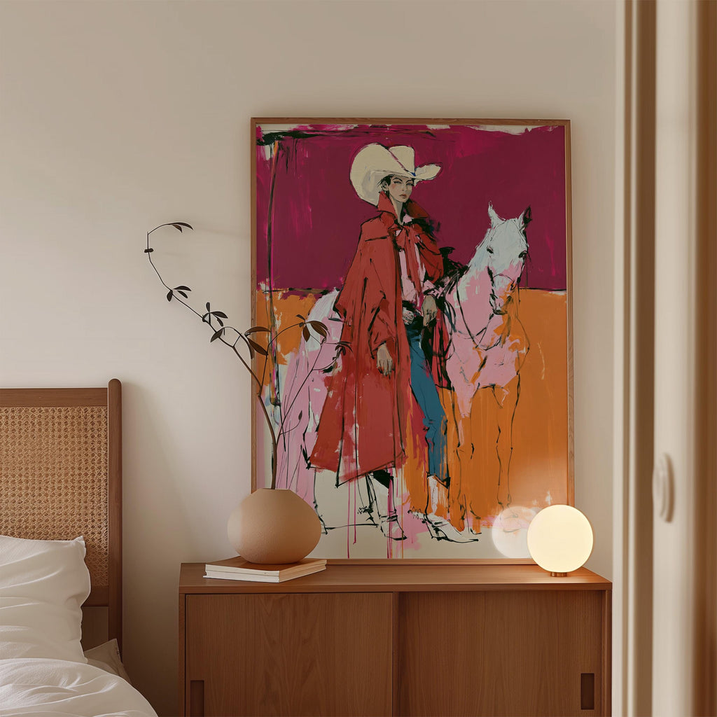 Western Wall Art, Red Cowgirl Print, White Horse Wall Art, Pink Western Decor