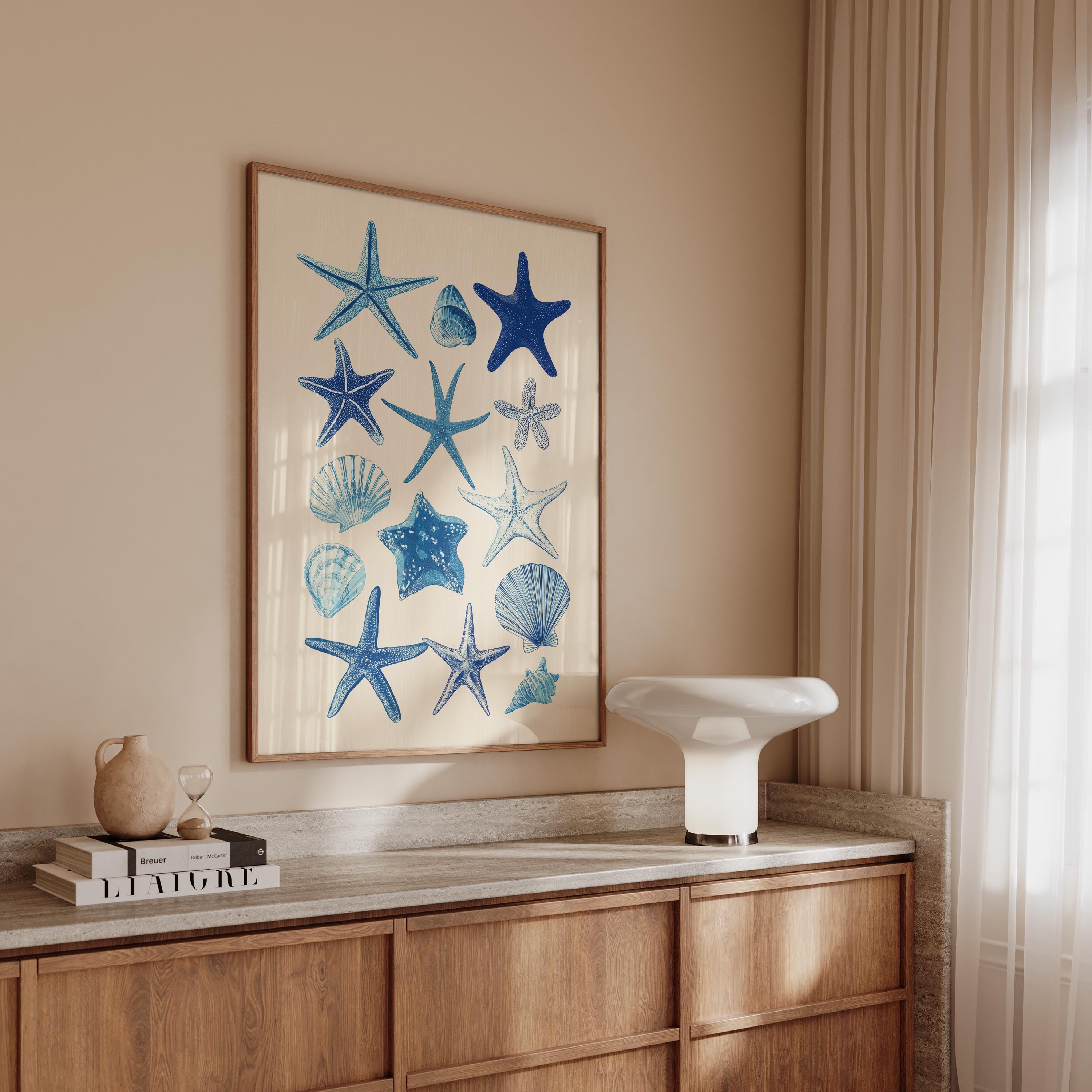 Starfish Wall Art Print, Blue Seashell Poster, Coastal Bathroom Decor