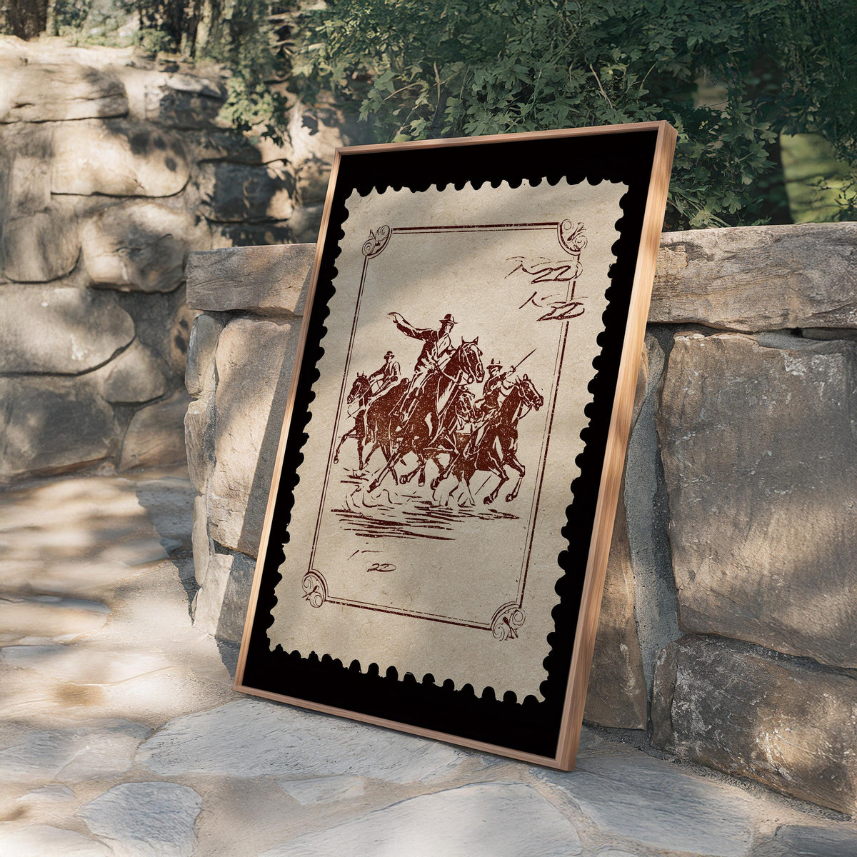 Vintage Cowboy Art Print, Western Stamp Poster, Black Sepia Ranch Decor