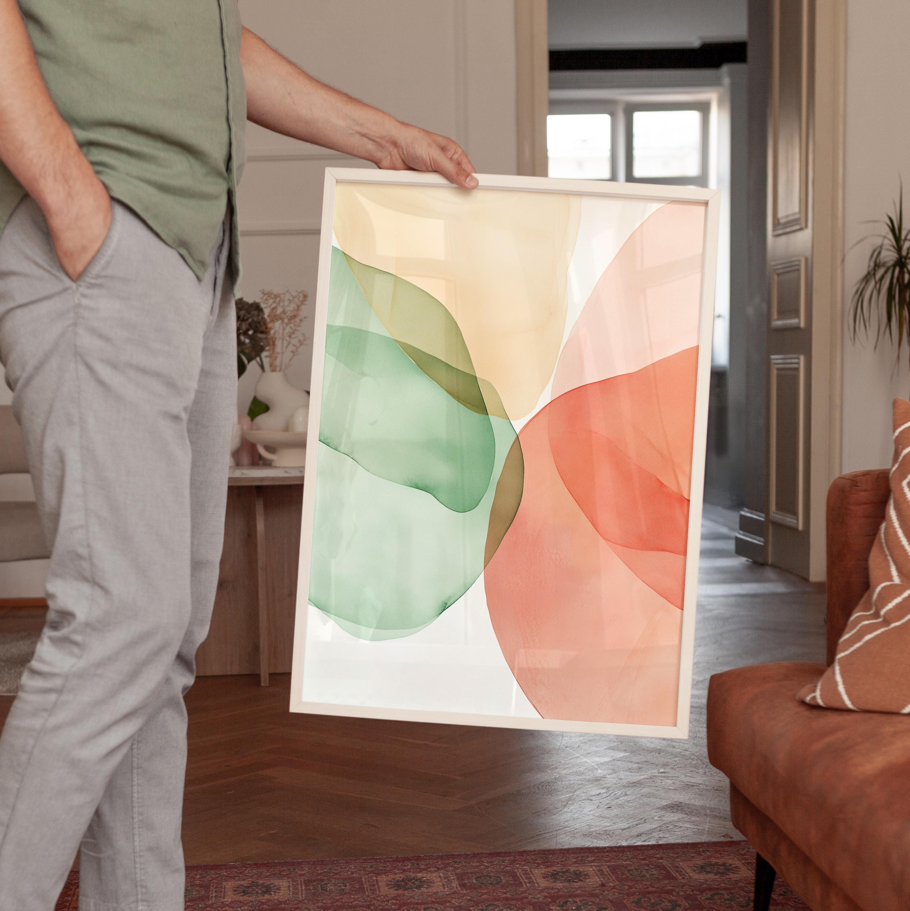 Sage Green Peach Abstract Wall Art, Soft Pastel Shape Print, Minimal Modern Decor