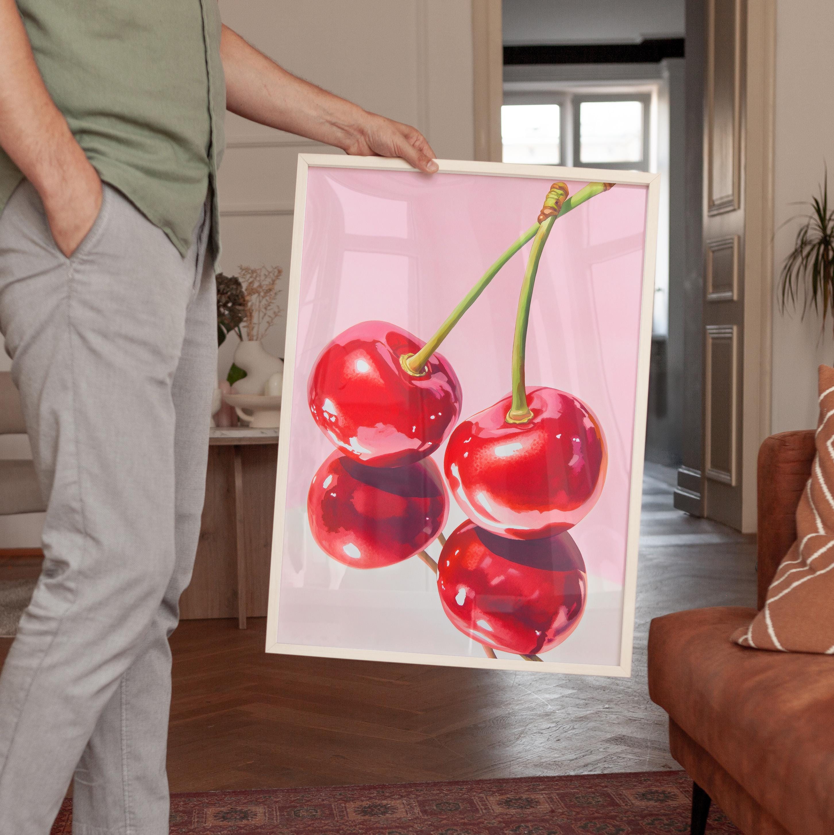 Cherry Wall Art Print, Pink Fruit Poster, Retro Kitchen and Dining Decor