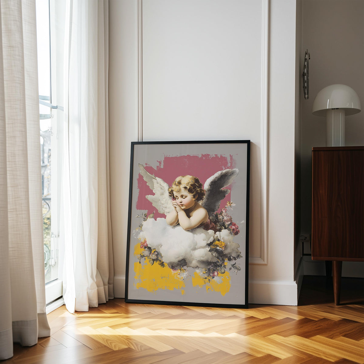Vintage Cherub Wall Art Print, Christian Angel Poster, Faith Inspired Pink Gold Decor, Heavenly Printable Artwork