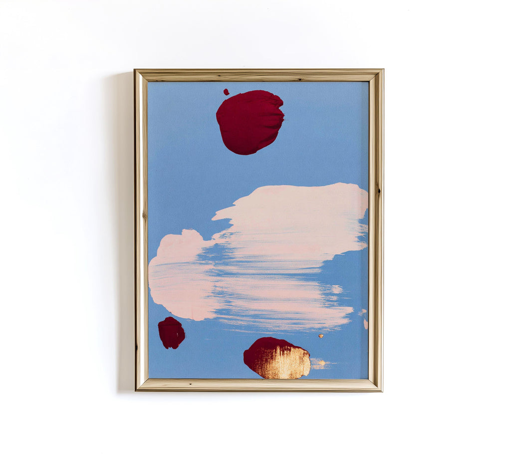 Blue Abstract Wall Art, Red Brush Stroke Painting, Modern Contemporary Poster Decor