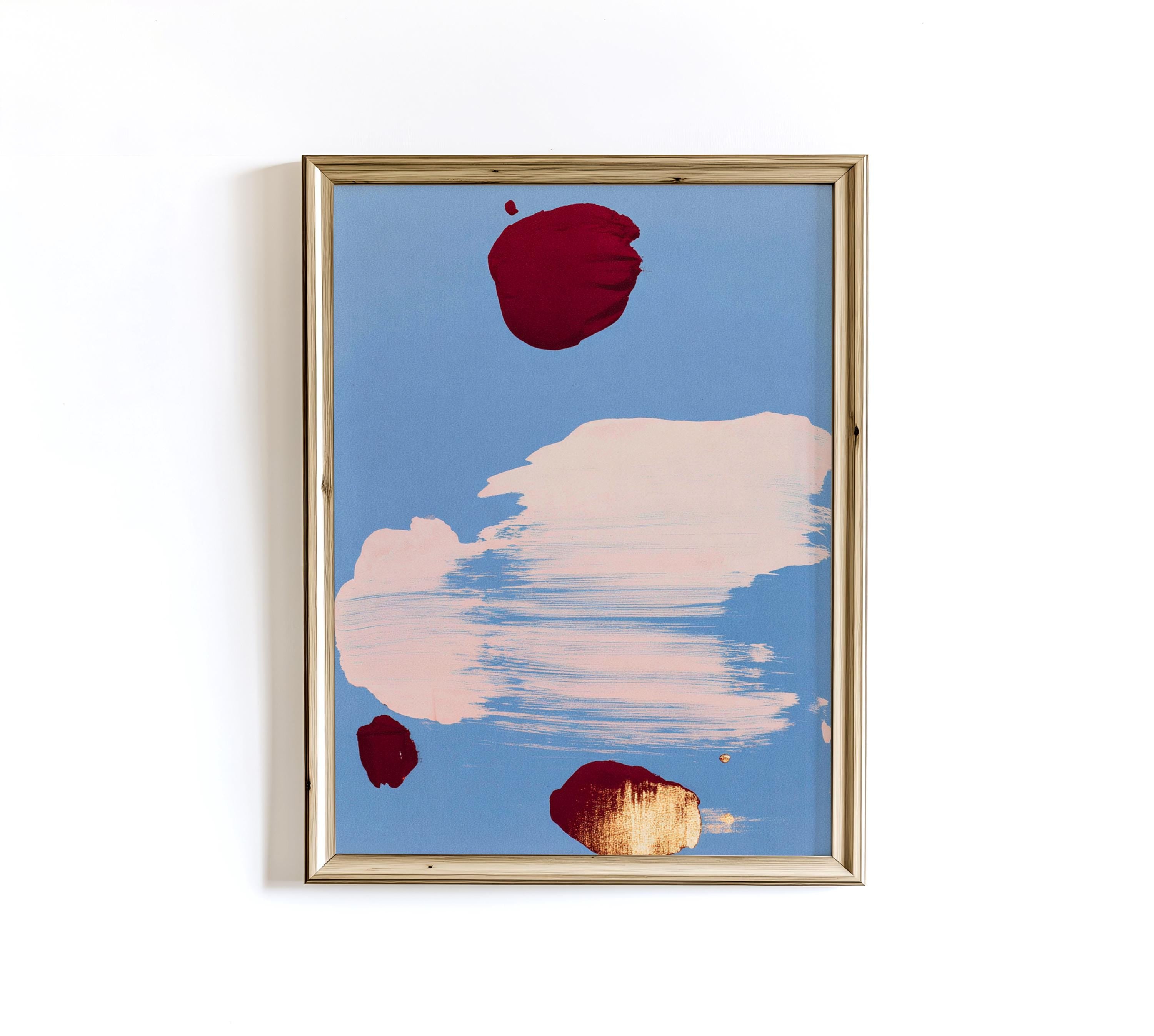 Blue Abstract Wall Art, Red Brush Stroke Painting, Modern Contemporary Poster Decor