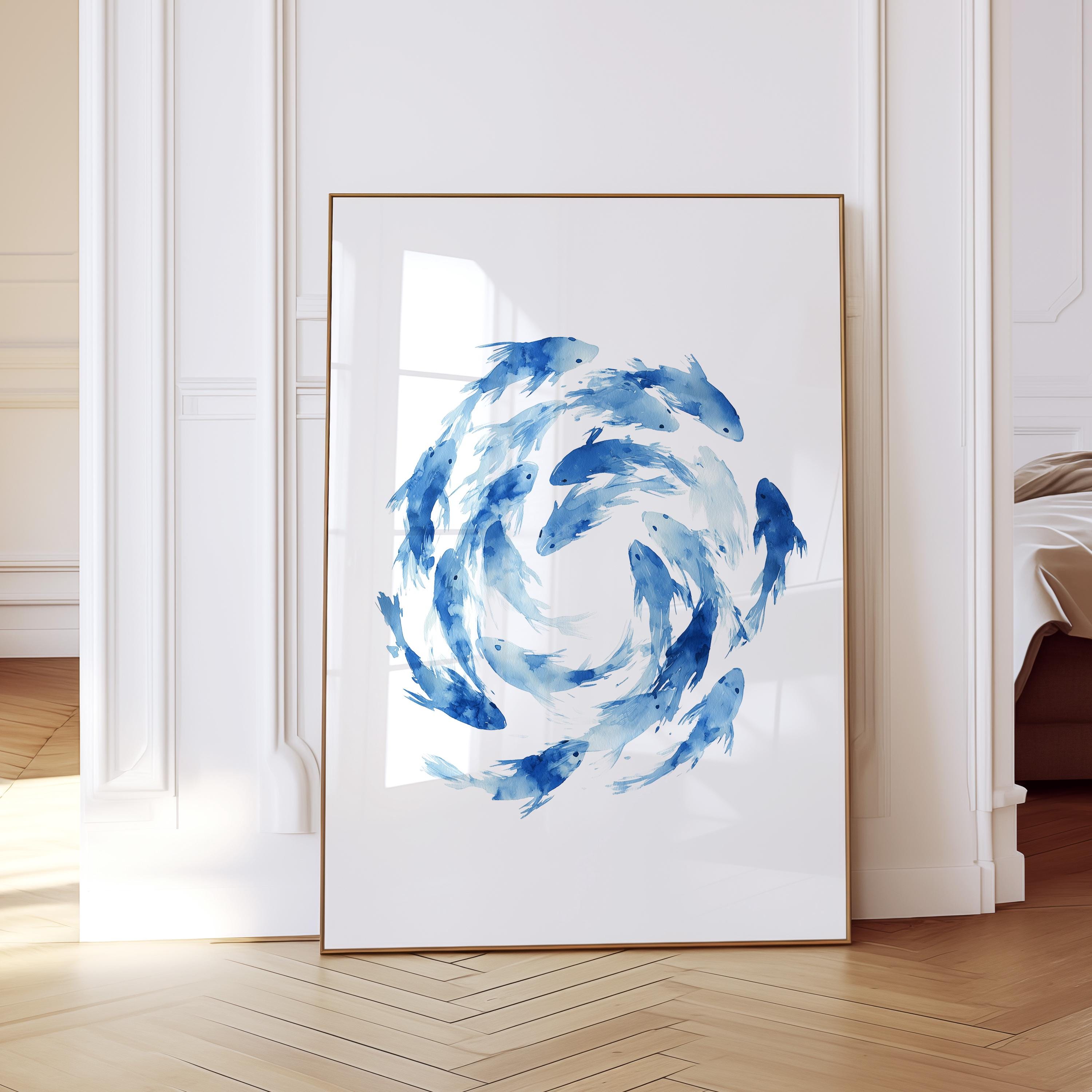 Fish Wall Art Print, Blue Watercolor Fish Poster, Coastal Bathroom Decor