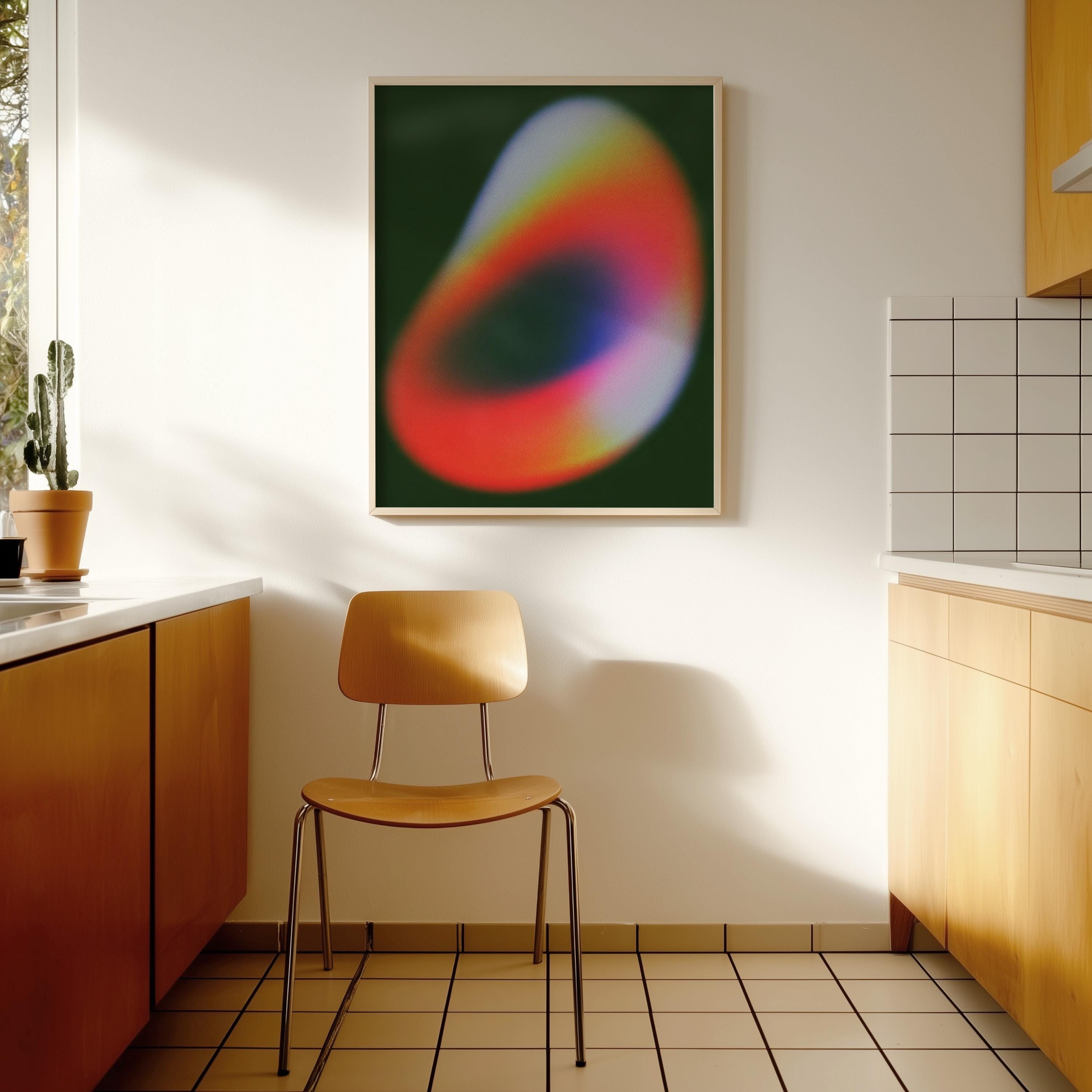 Colorful Abstract Gradient Art Print, Modern Neon Shape Poster, Dark Green Decor
