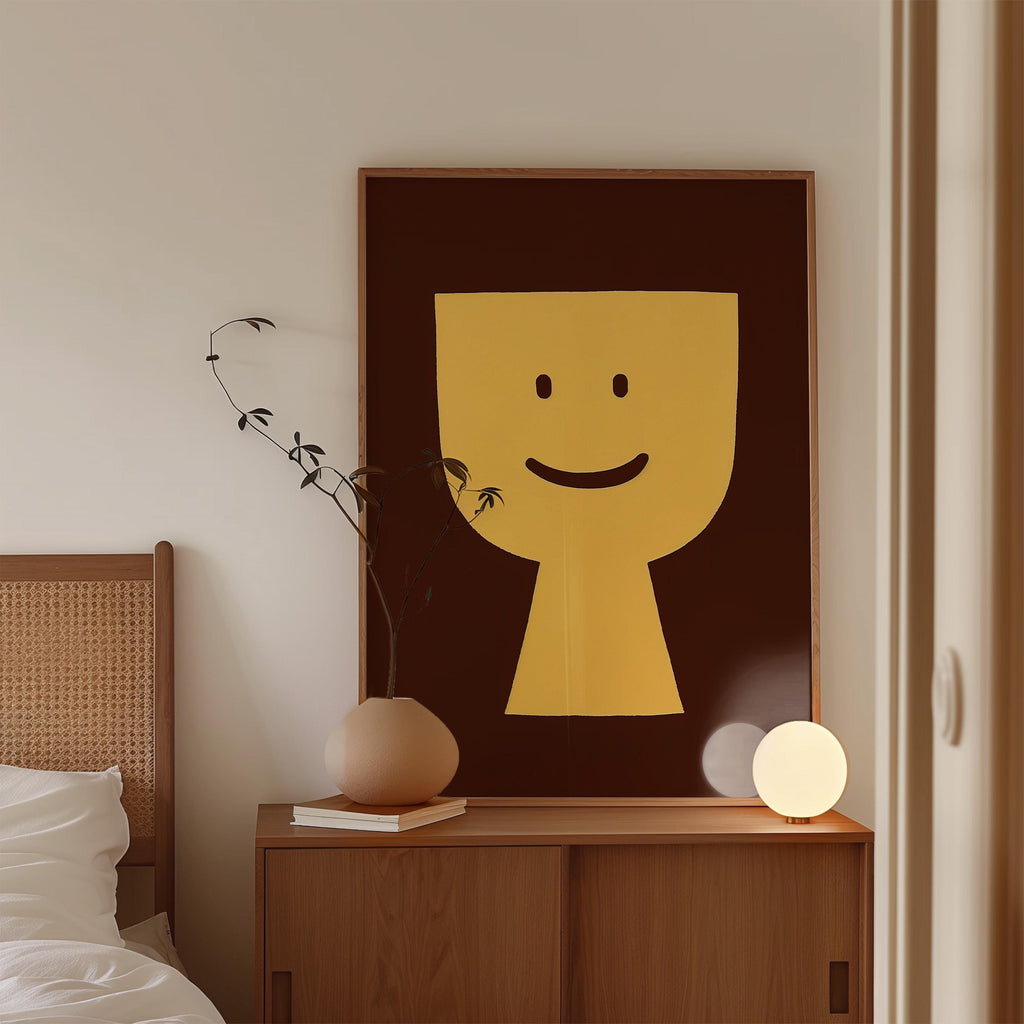 Minimal Smiley Face Art Print, Warm Tones, Modern Abstract Poster, Mid Century Decor