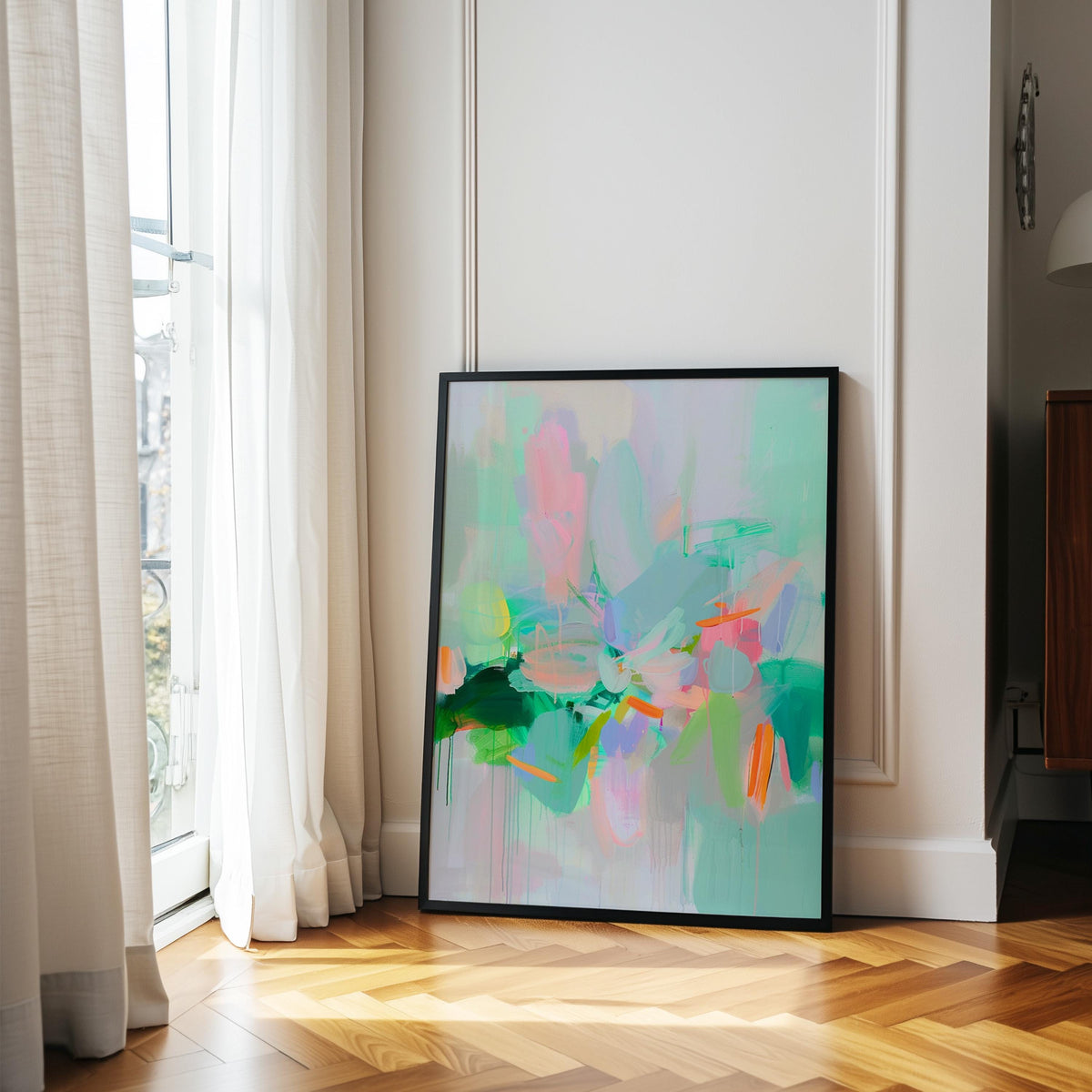 Mint Bloom Abstract Art Print | Pastel Green & Coral Painting | Modern Colorful Wall Decor