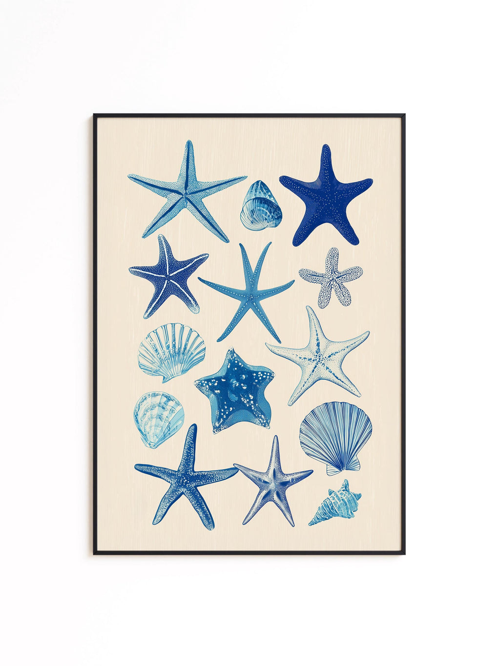 Starfish Wall Art Print, Blue Seashell Poster, Coastal Bathroom Decor