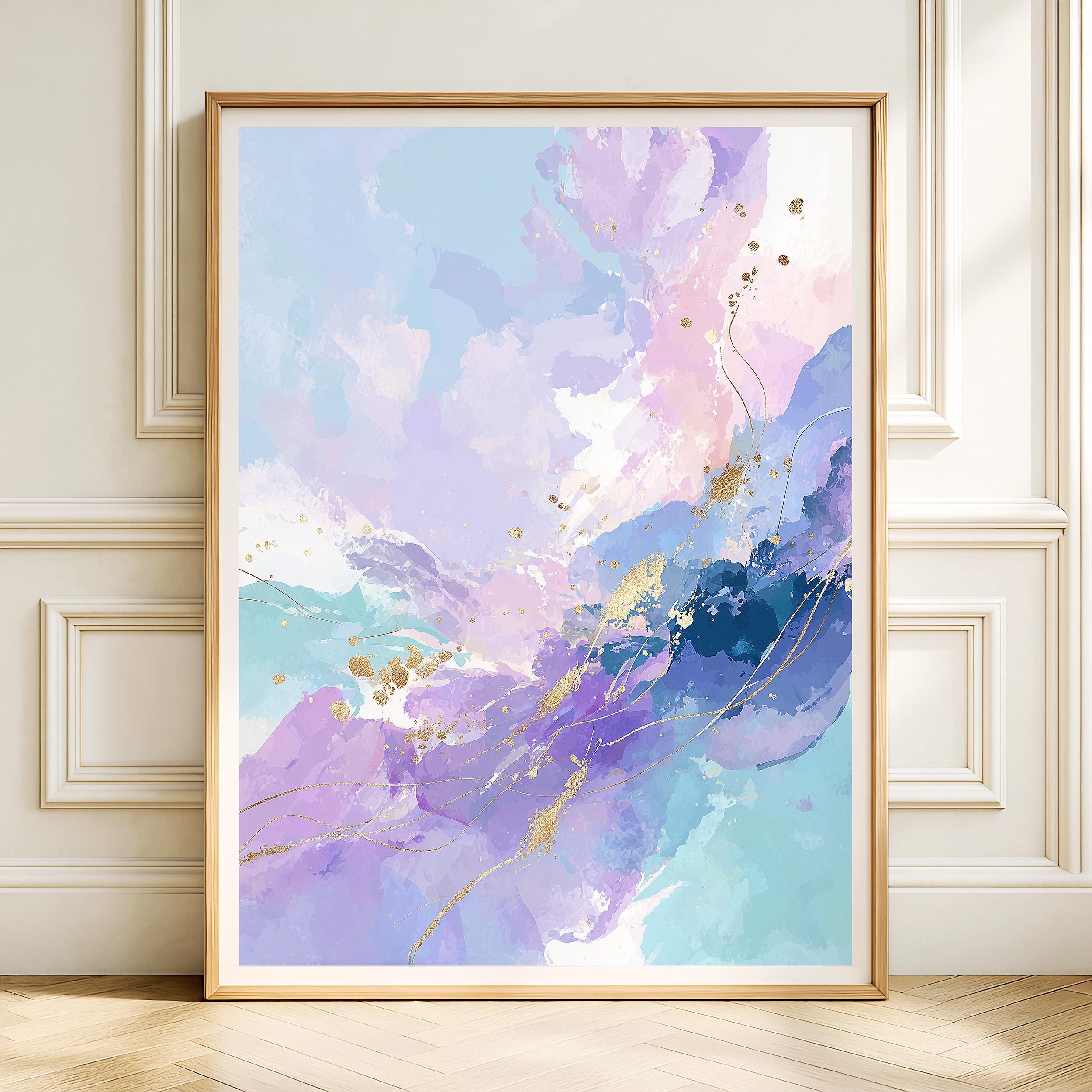 Pastel Watercolor Abstract Art Print, Gold Accent, Modern Minimal Decor (Digital Download)
