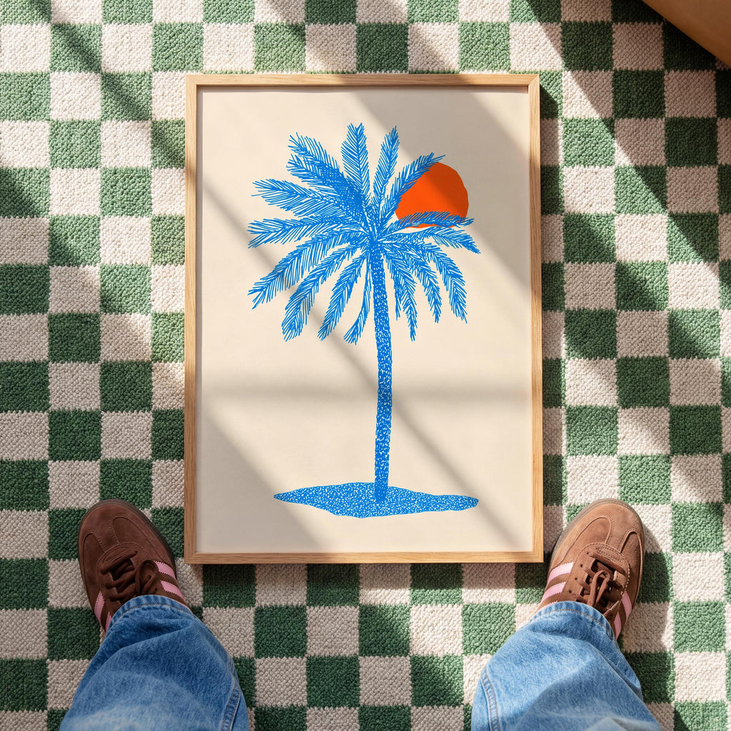 Blue Palm Tree Wall Art Print, Coastal Wall Decor, Tropical Minimalist Art, Beach House Printable, Mediterranean Wall Art