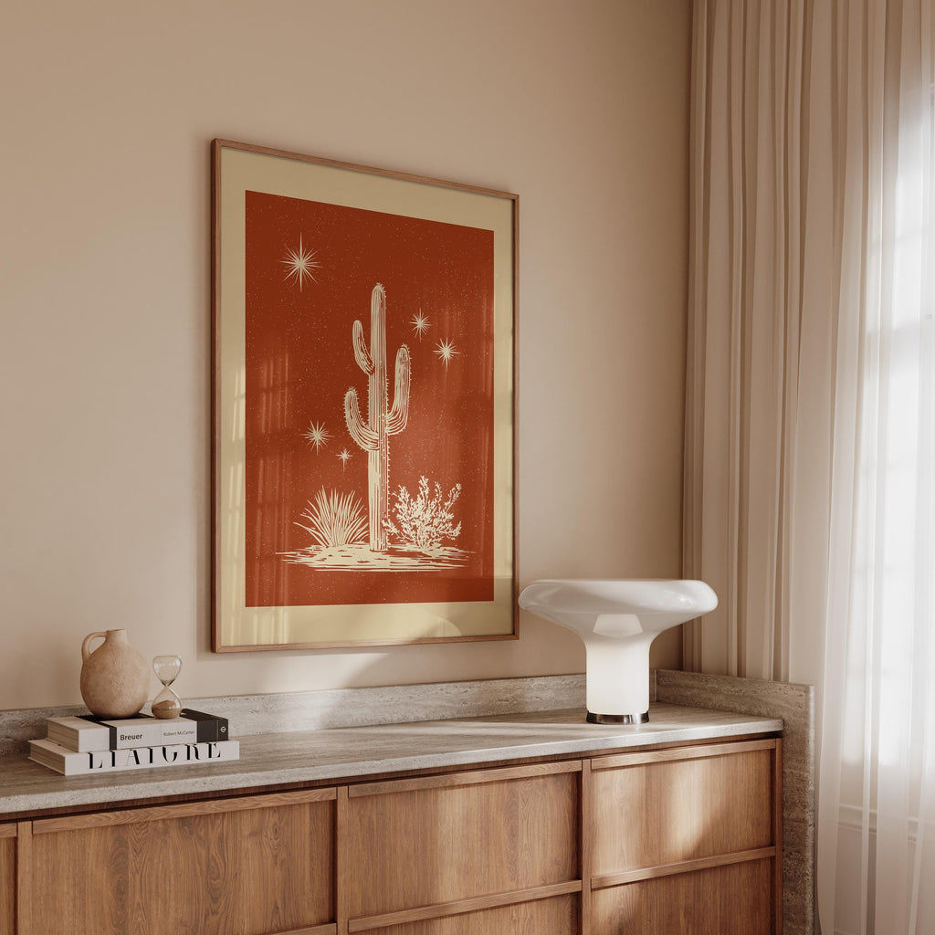 Cactus Wall Art Print, Terracotta Desert Poster, Southwestern Celestial Decor