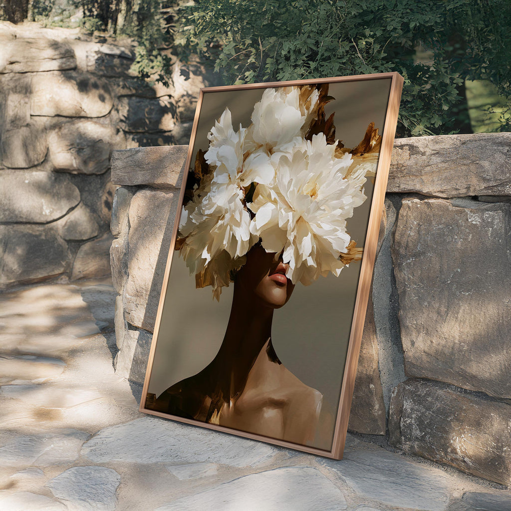 Black Woman Art Print, White Floral Portrait Poster, Elegant Wall Decor