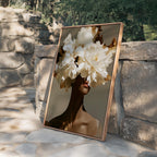 Black Woman Art Print, White Floral Portrait Poster, Elegant Wall Decor
