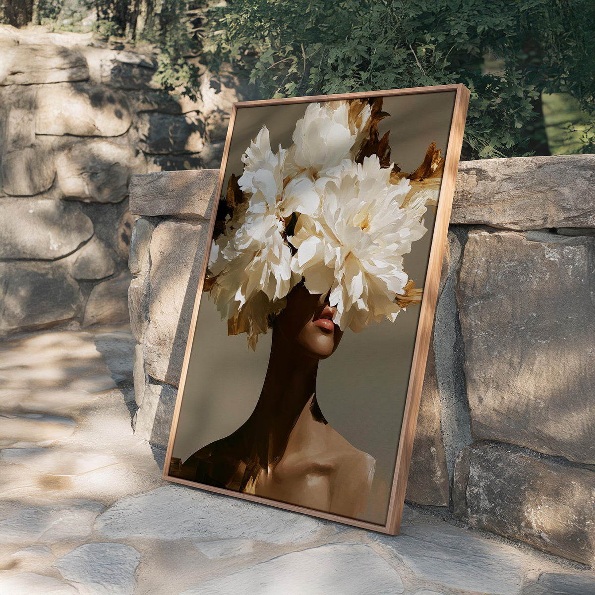 Black Woman Art Print, White Floral Portrait Poster, Elegant Wall Decor