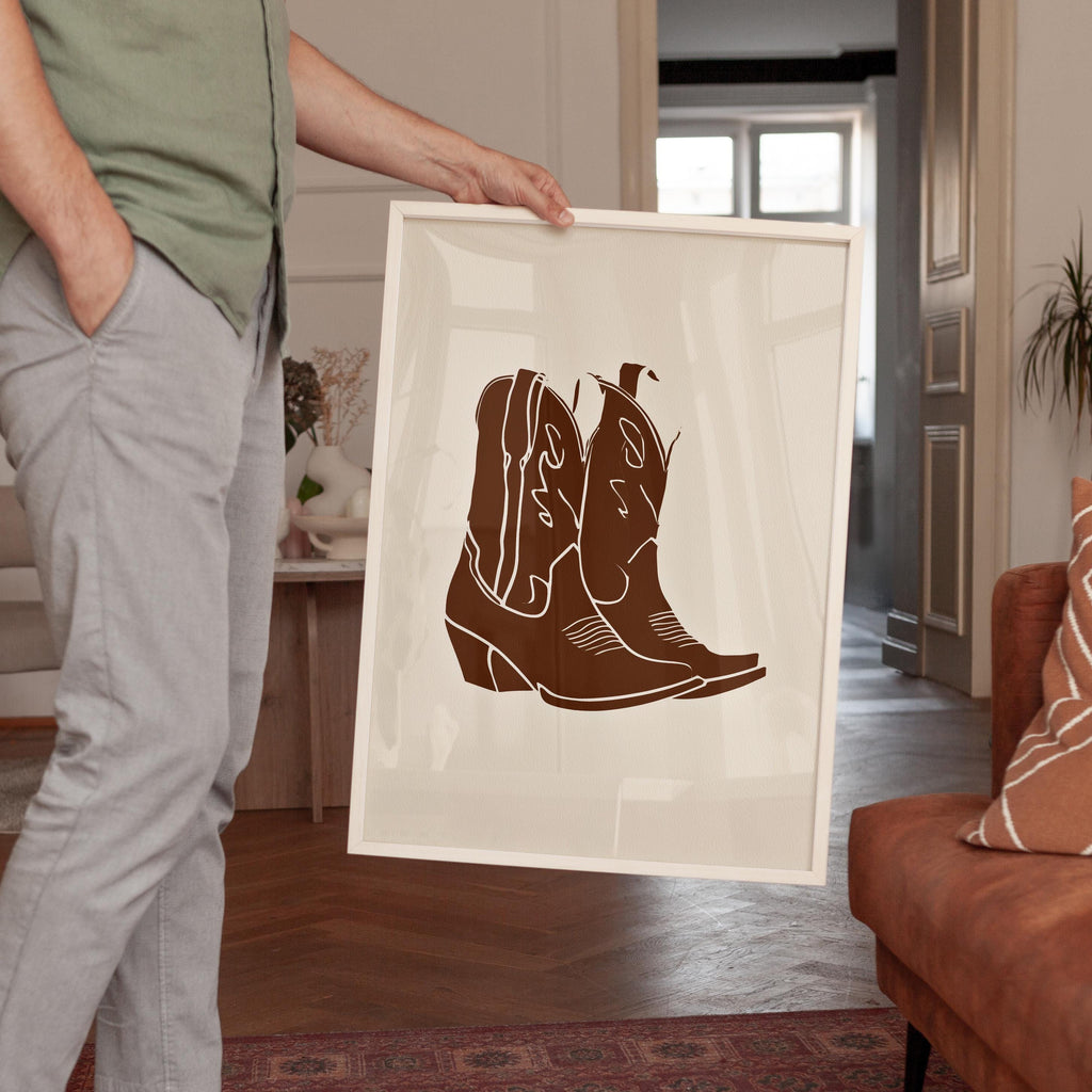 Cowboy Boot Art Print, Brown Western Wall Decor, Minimal Cowgirl Poster