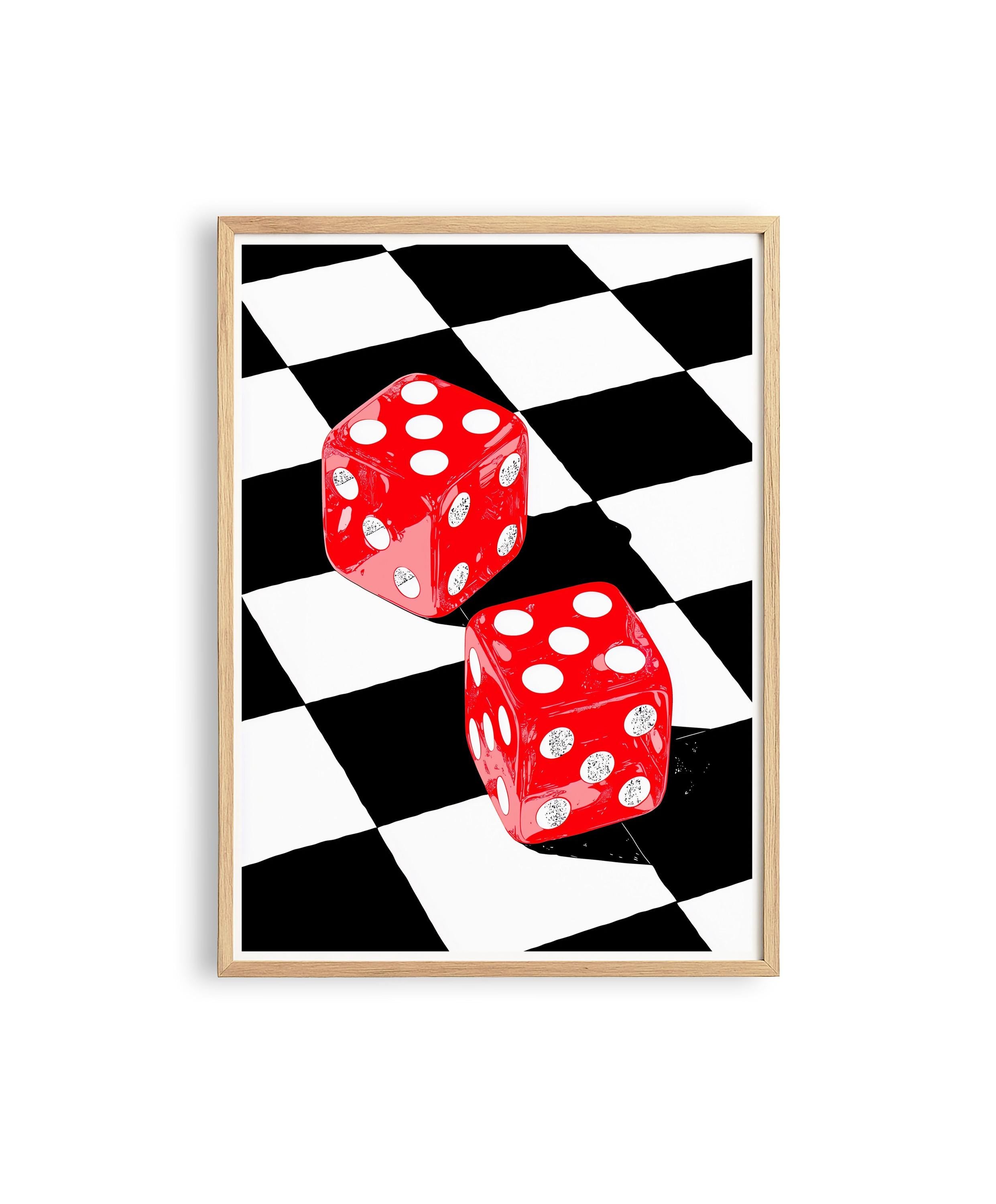 Funky Dice Wall Art, Retro Checkerboard Print, Red Pop Art Poster, Digital Download