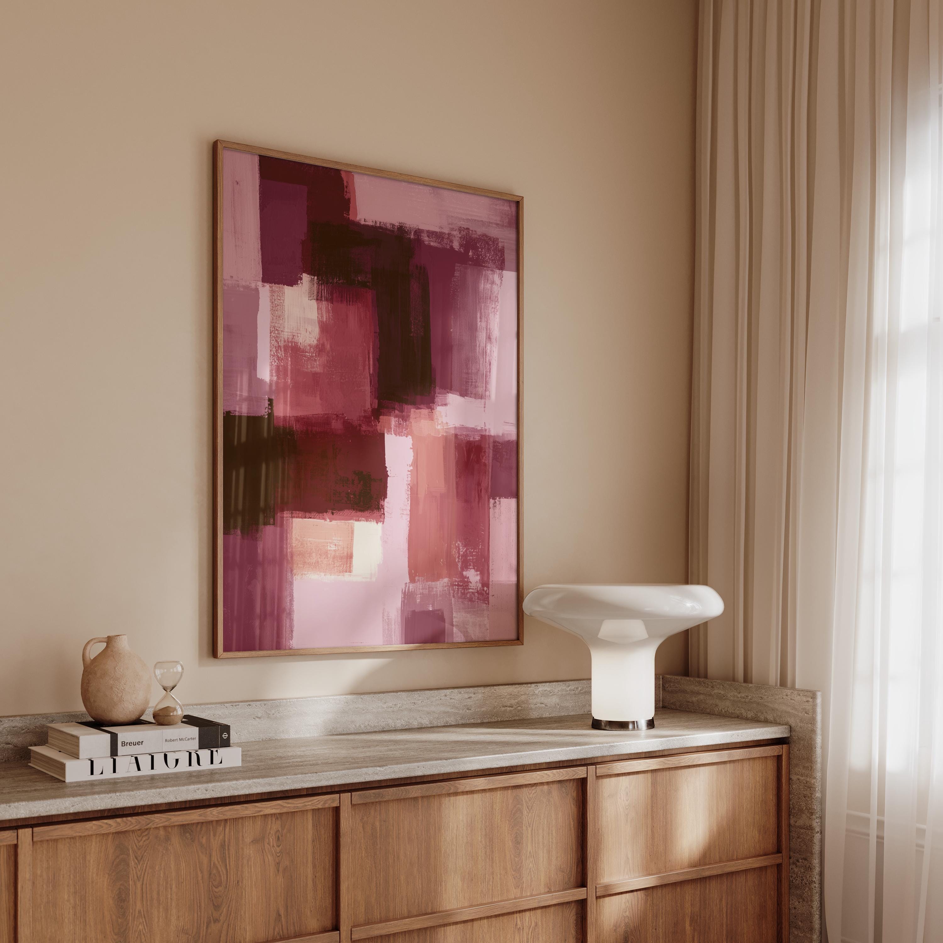 Burgundy Abstract Art Print, Pink Brushstroke Painting, Modern Wall Decor