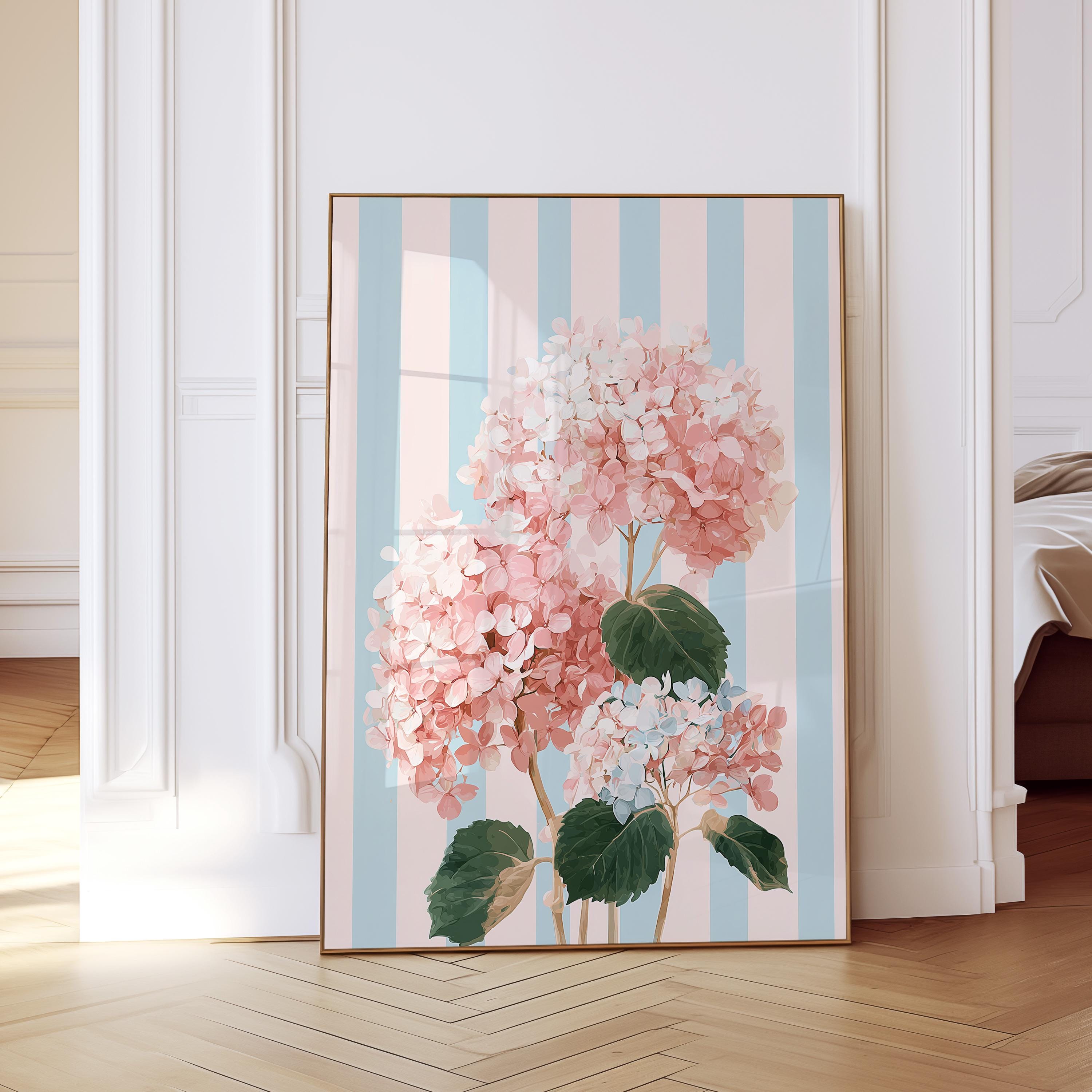 Pink Hydrangea Wall Art Print, Blue Stripe Floral Poster, Cottagecore Bedroom Decor, Vintage Botanical Digital Download