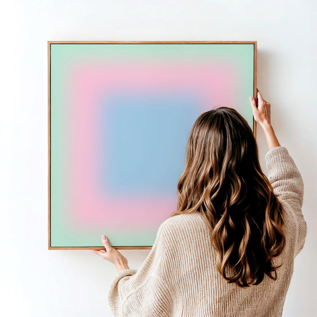 Pastel Wall Art, Mint Green Pink Blue Gradient Print, Minimalist Canvas Print, Square Abstract Wall Art