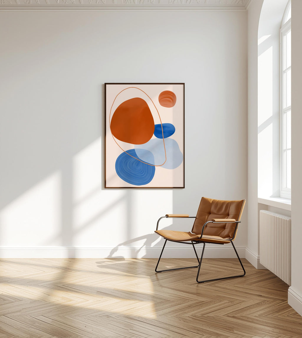 Orange Blue Abstract Art Print, Mid Century Modern Poster, Geometric Wall Decor