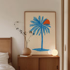Blue Palm Tree Wall Art Print, Coastal Wall Decor, Tropical Minimalist Art, Beach House Printable, Mediterranean Wall Art