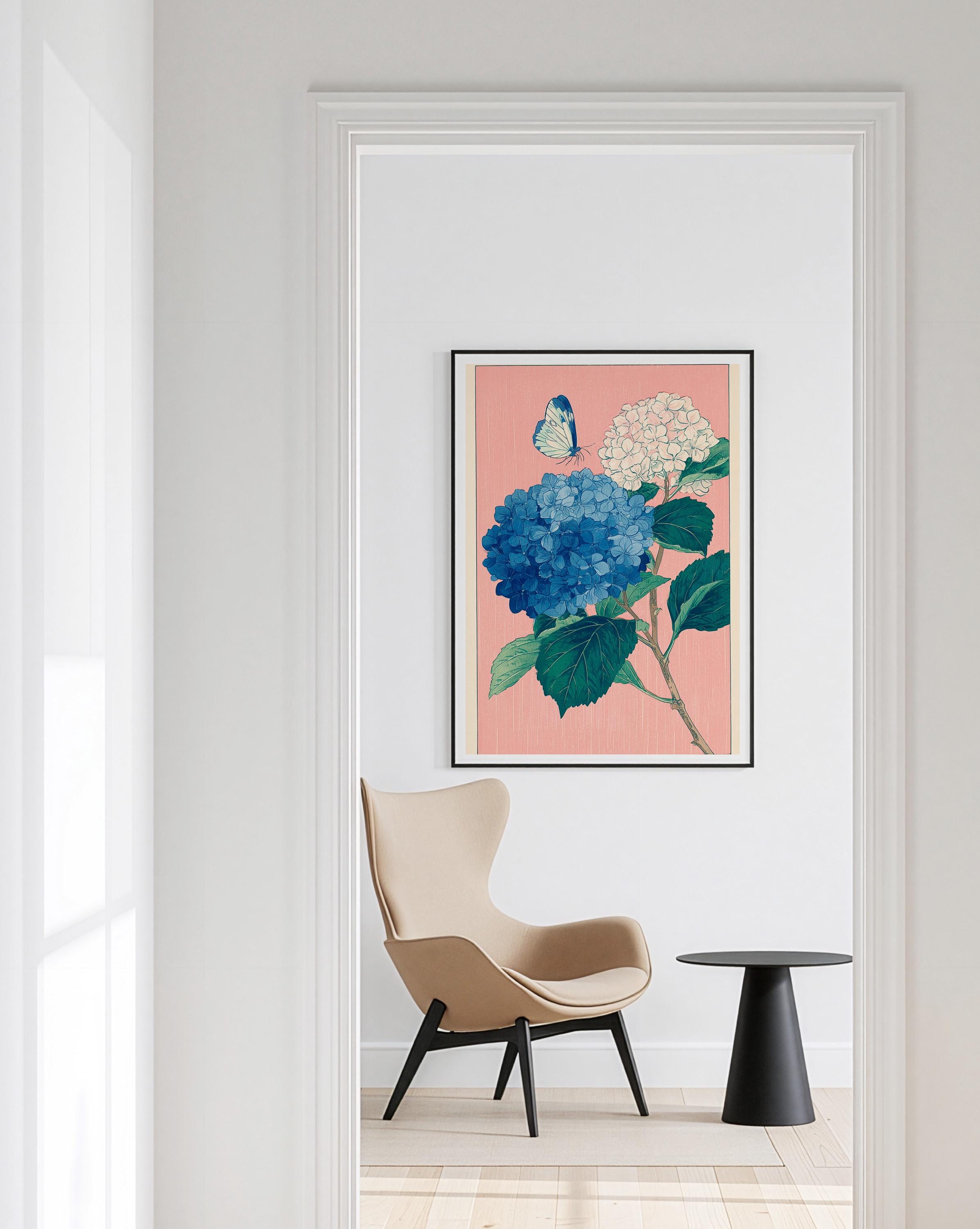 Hydrangea Wall Art Print, Blue Floral Poster, Botanical Flower Decor