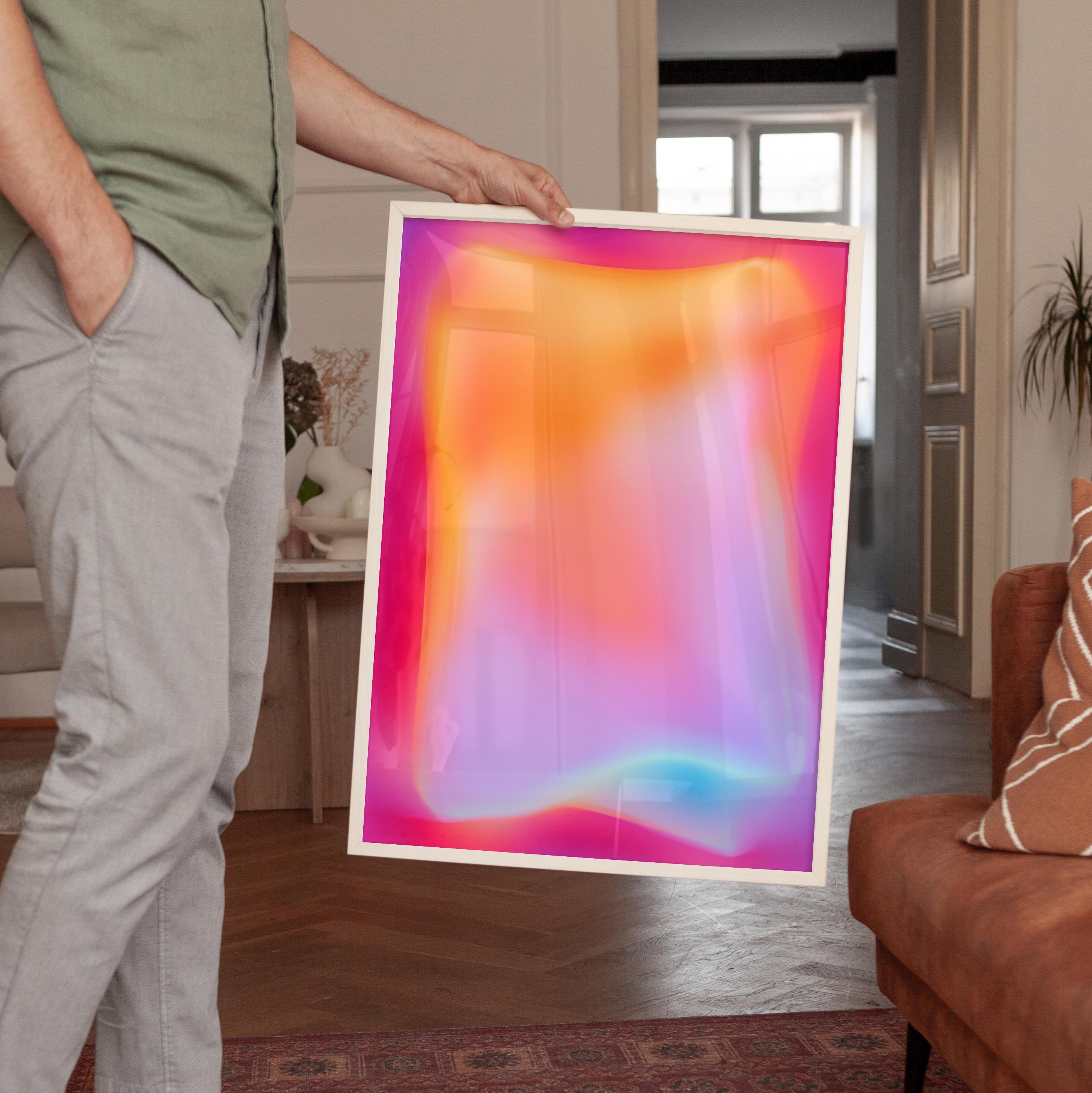 Neon Gradient Abstract Wall Art Printable, Glow Liquid Shape Poster, Vaporwave Aesthetic Futuristic Color Art