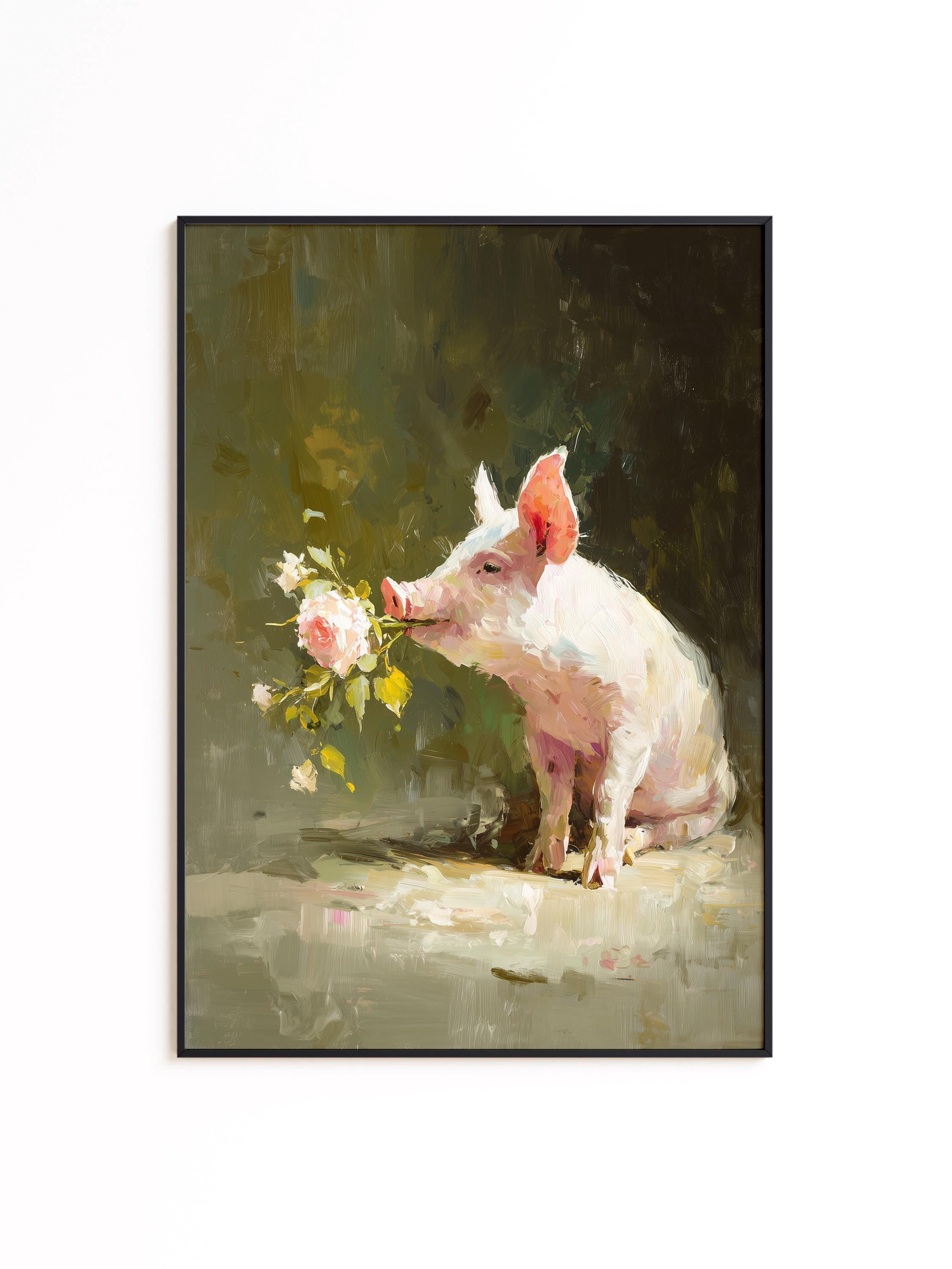 Pig Wall Art Print, Floral Farm Animal Painting, Moody Cottagecore Decor