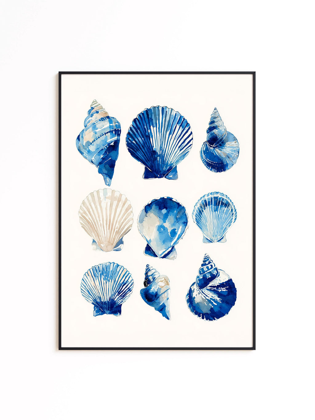 Blue Seashell Art Print, Coastal Bathroom Poster, Ocean Shell Wall Decor