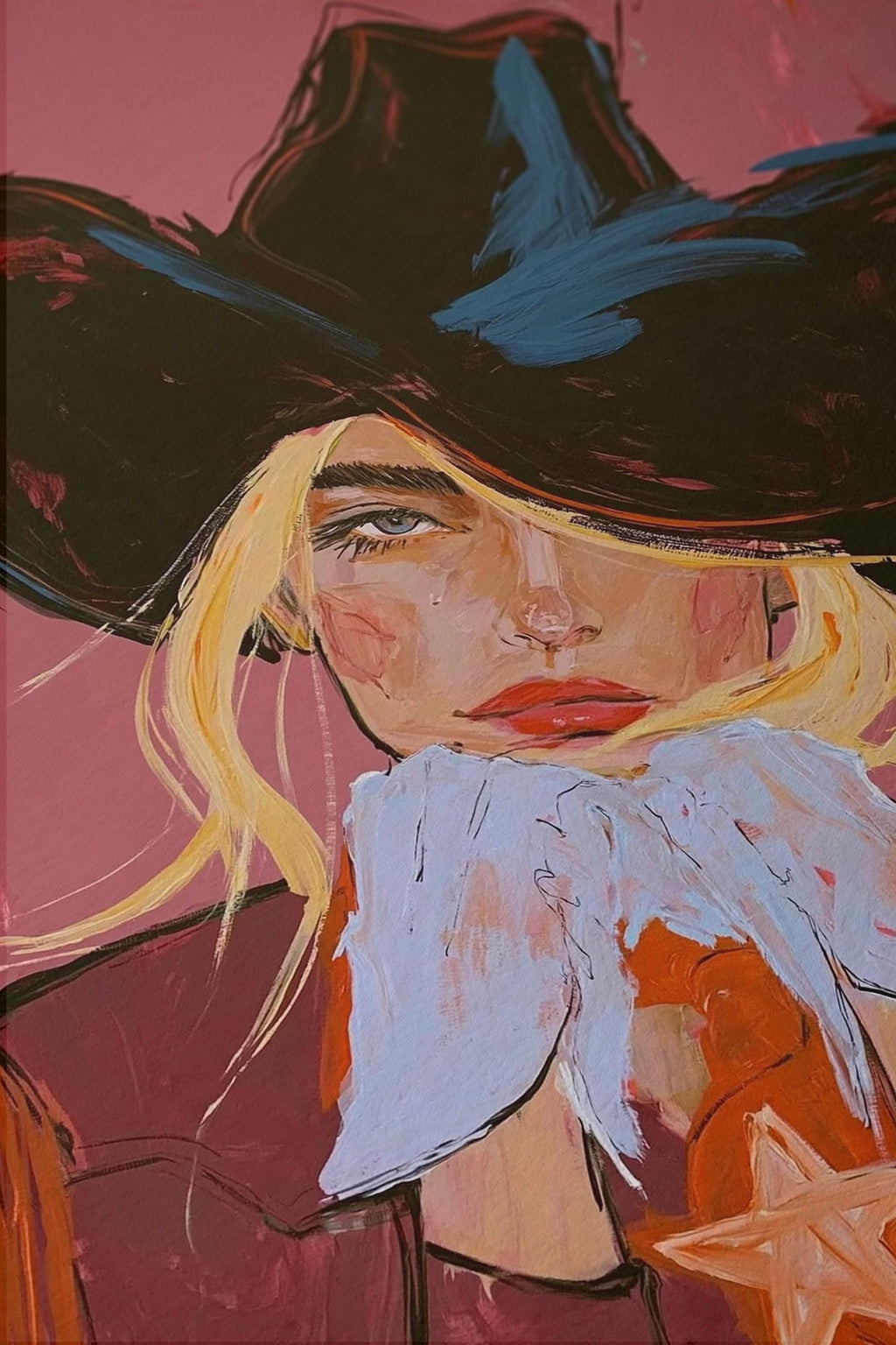 Black Hat Cowgirl Art Print, Pink Western Portrait, Cowgirl Wall Decor, Western home decor