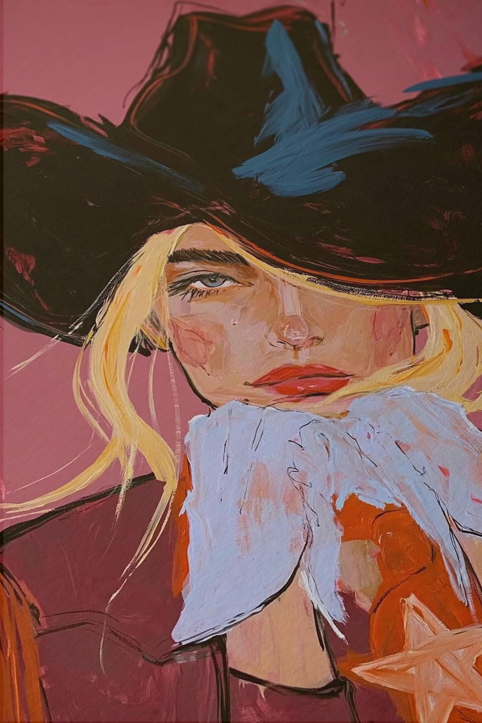 Black Hat Cowgirl Art Print, Pink Western Portrait, Cowgirl Wall Decor, Western home decor