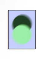 May include: Abstract art print featuring two overlapping blurred circles. The top circle is dark green, and the bottom circle is light green, set against a pale blue background. The artwork is framed in a black border.
