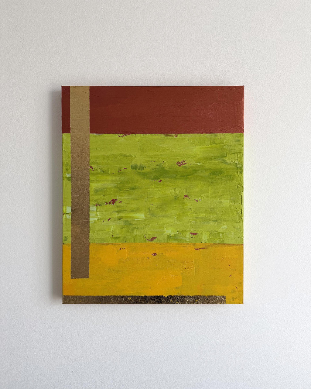 Original Abstract Painting, Green Gold Leaf Acrylic Canvas, Modern Color Block Art
