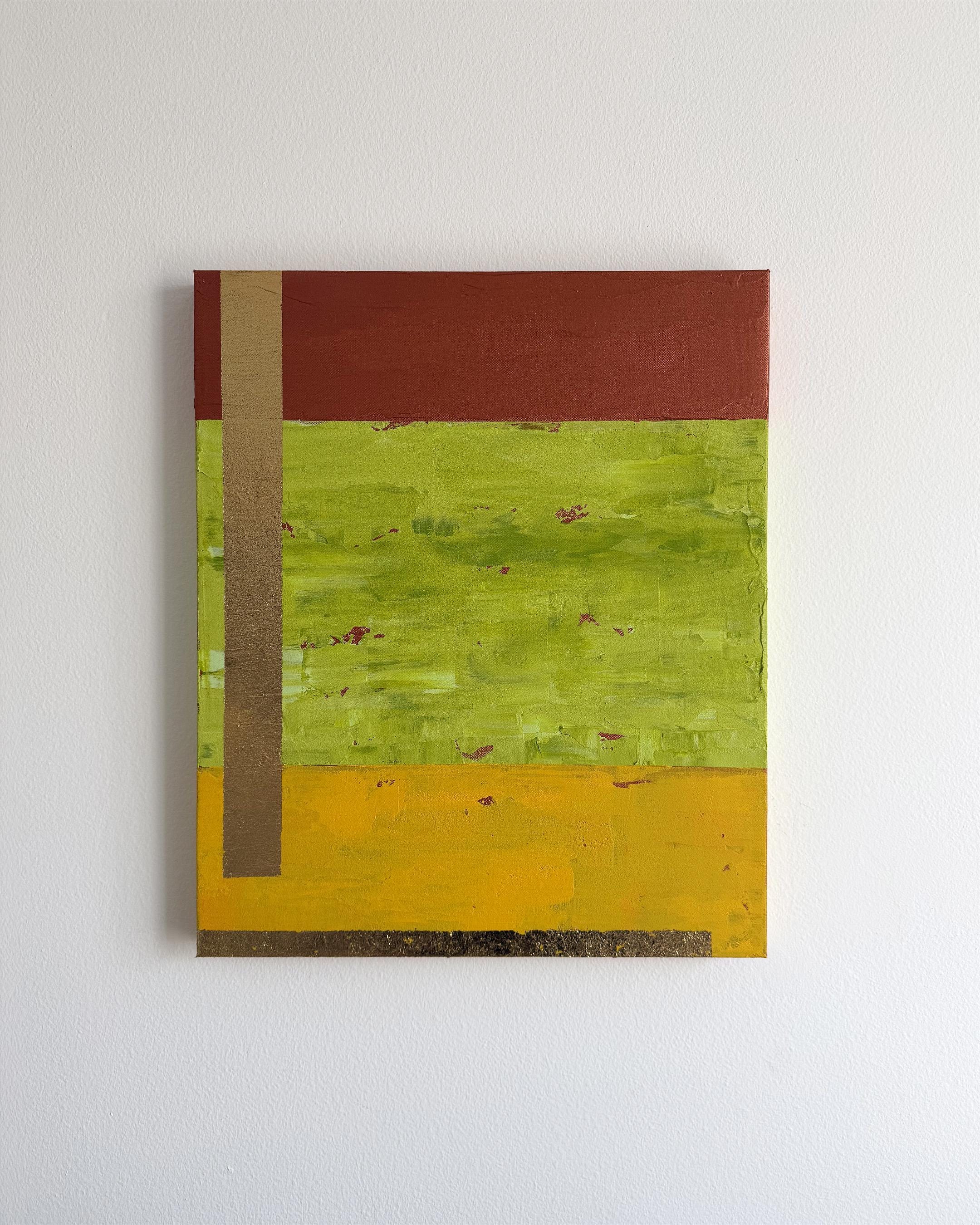 Original Abstract Painting, Green Gold Leaf Acrylic Canvas, Modern Color Block Art