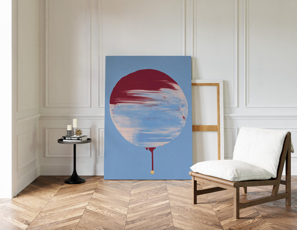 Crimson Circle Abstract Print, Blue Drip Painting Poster, Modern Geometric Canvas Decor