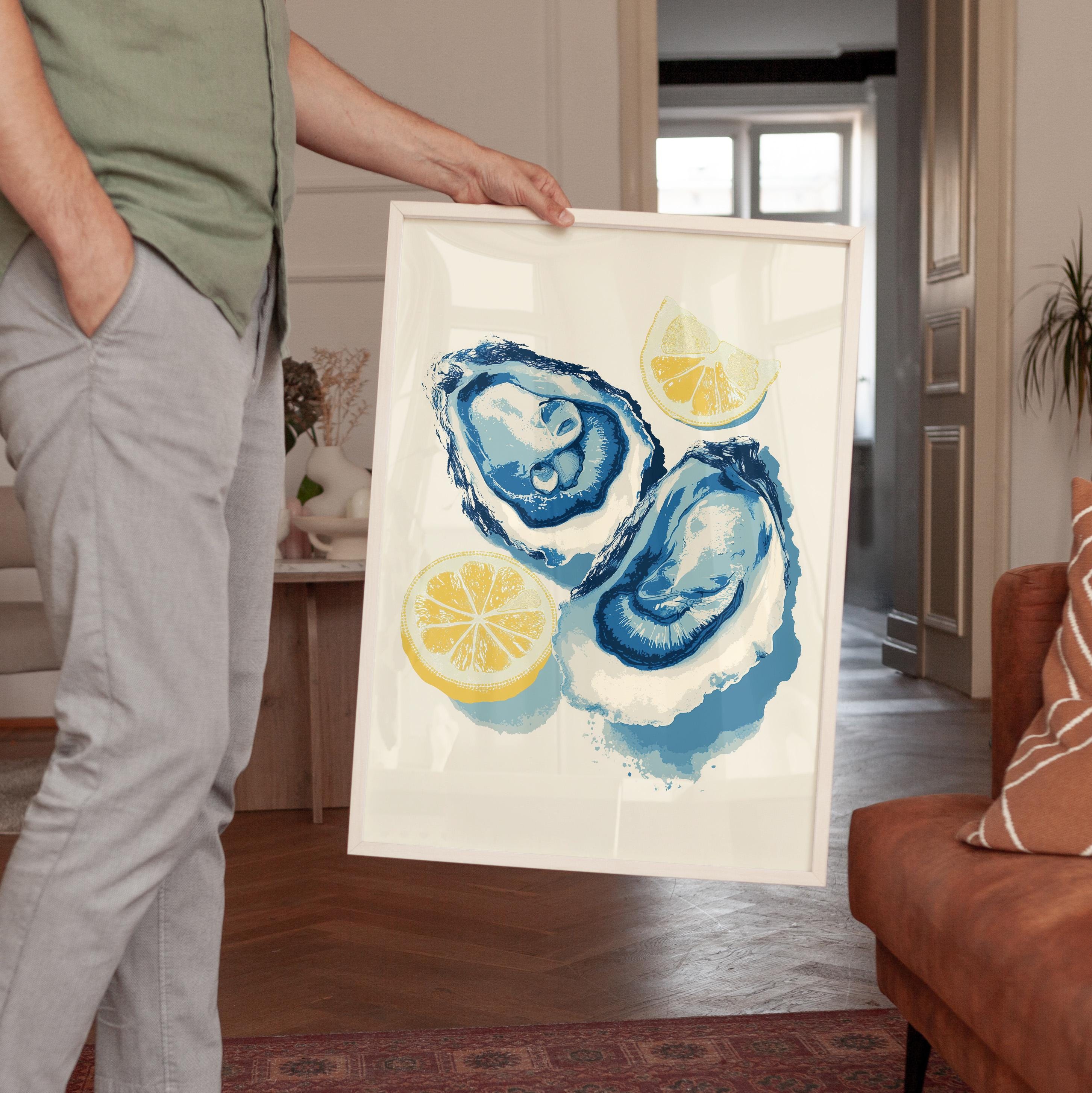 Oyster Wall Art Print, Lemon Seafood Poster, Coastal Kitchen Decor