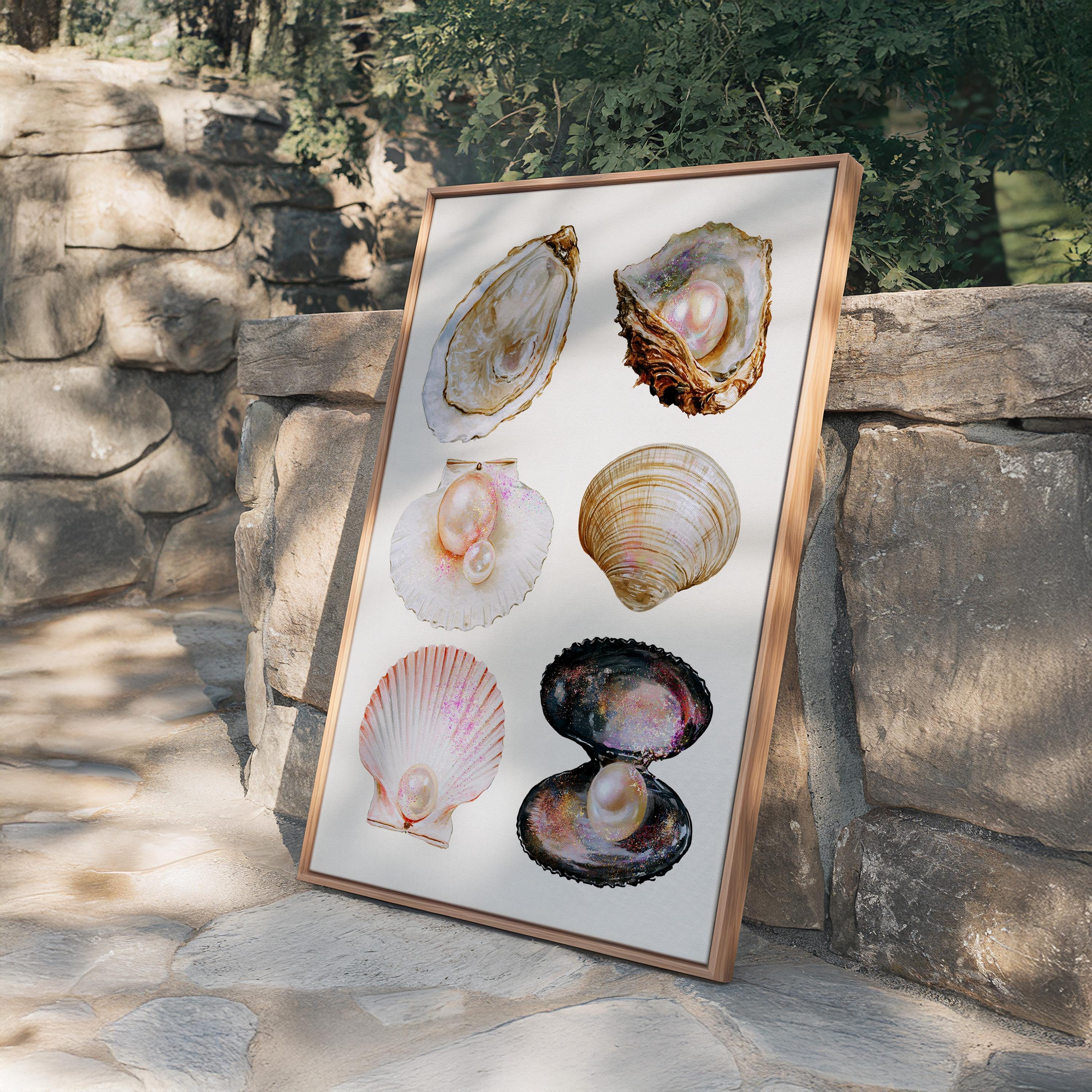 Pearl Shell Wall Art Print, Coastal Vintage Printable, Oyster and Seashell Poster, Neutral Beach Bathroom Decor Digital Download