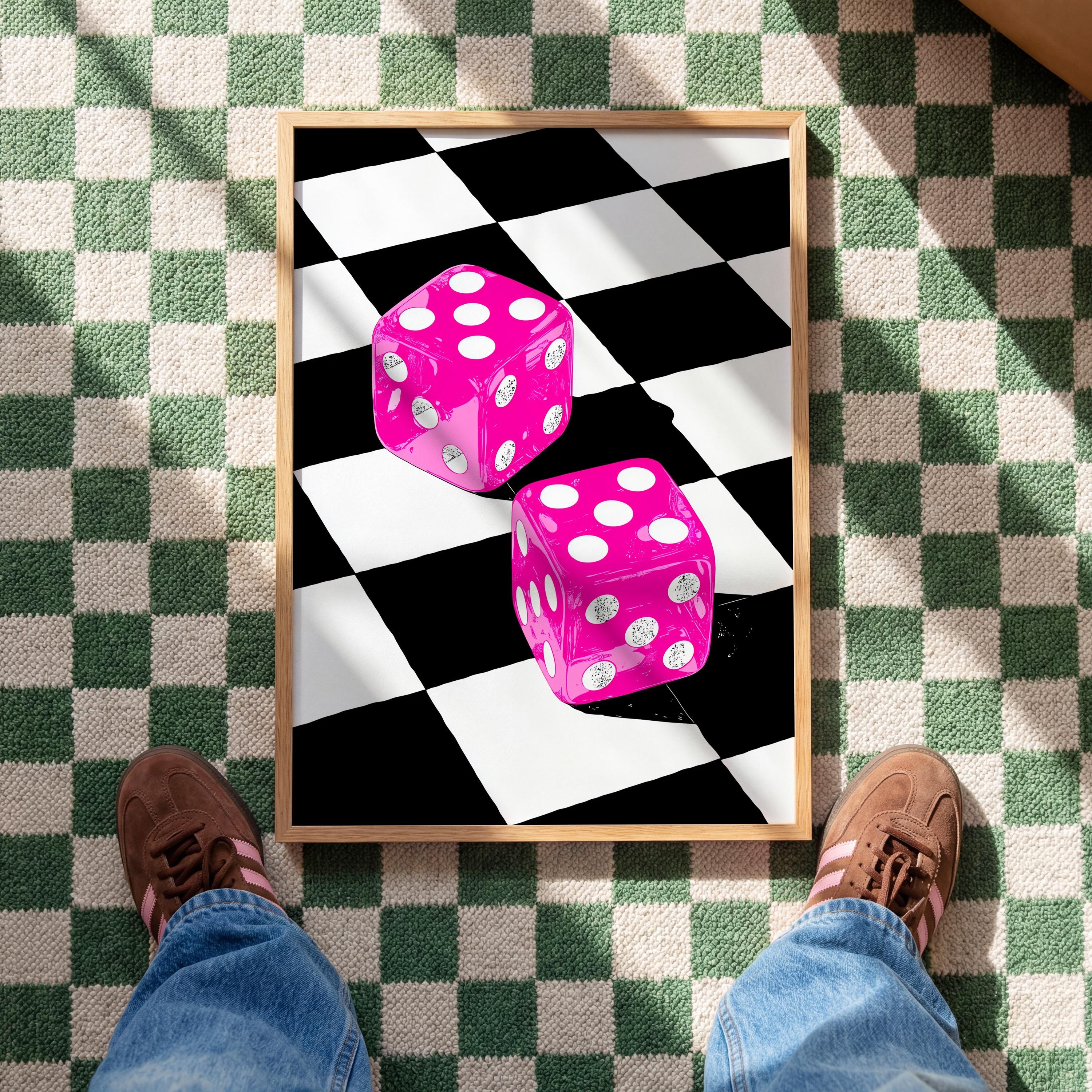 Pink Dice Pop Art Print, Retro Checkerboard Statement Artwork