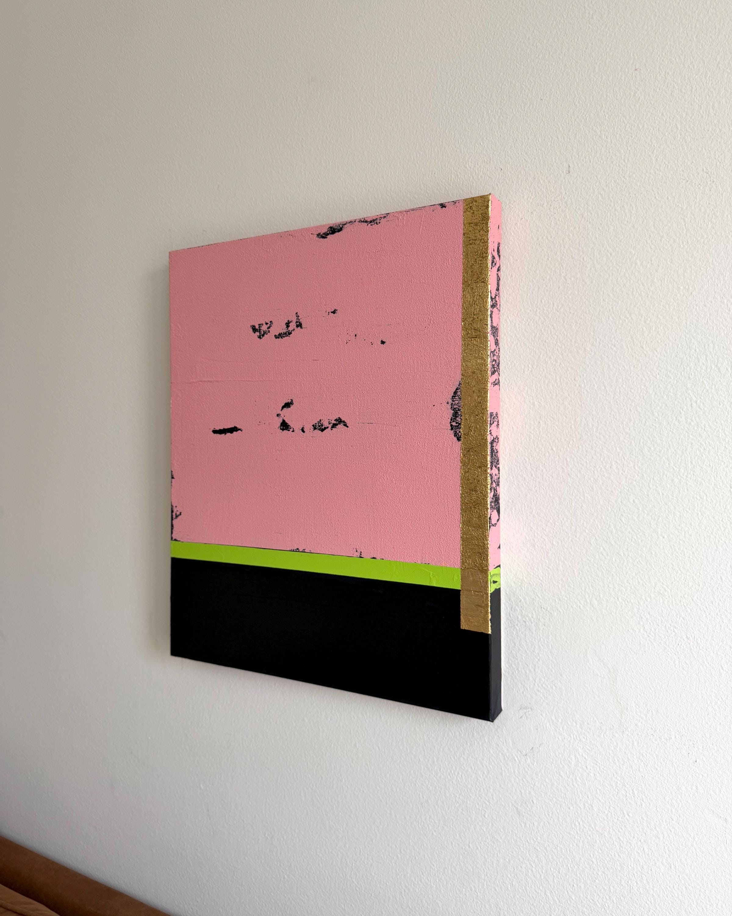 Original Abstract Painting, Pink Black Color Block Art, Gold Accent Canvas