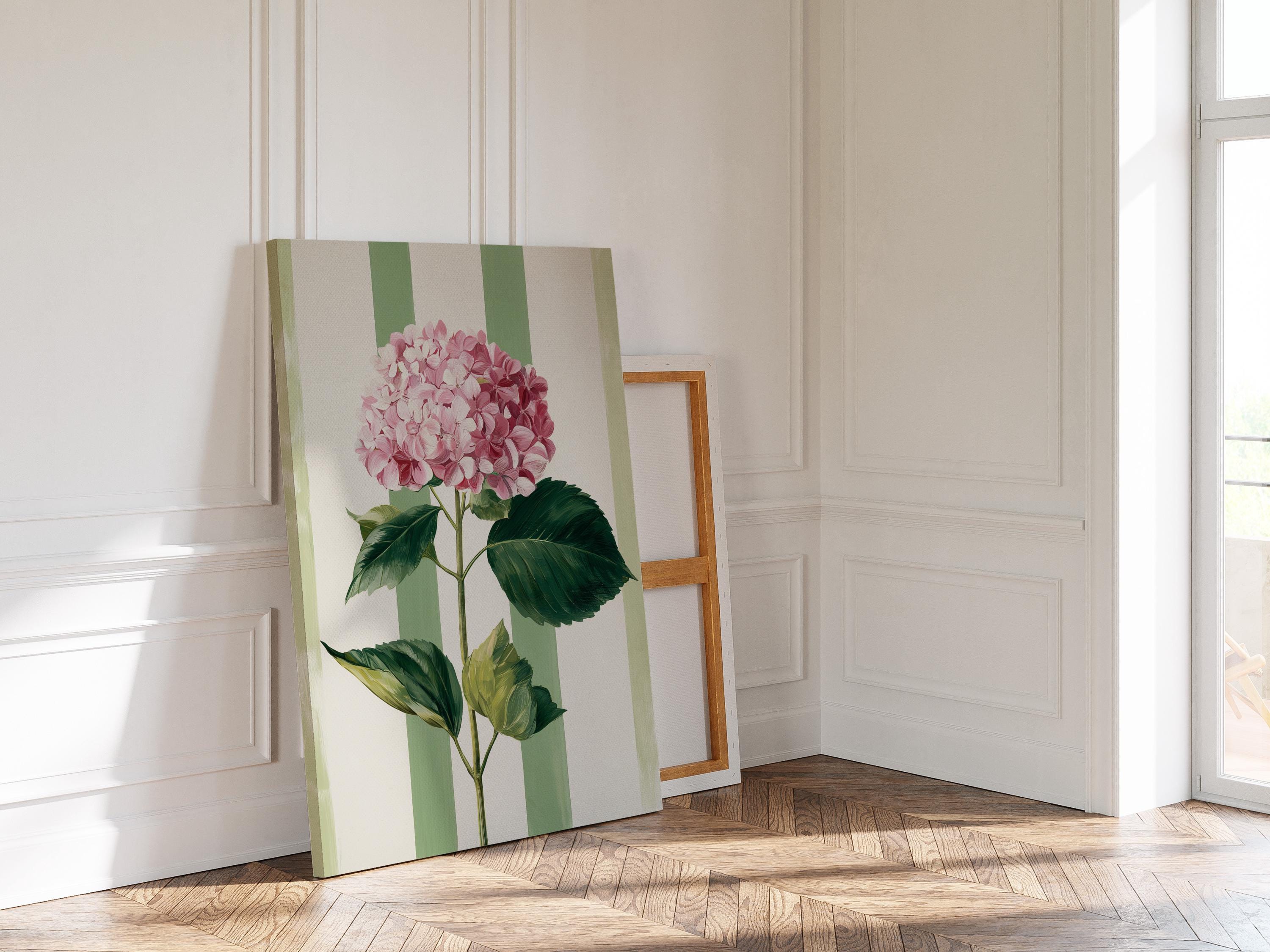 Pink Hydrangea Print, Green Striped Floral Wall Art, Cottage Bedroom Decor, Botanical Flower Art Print