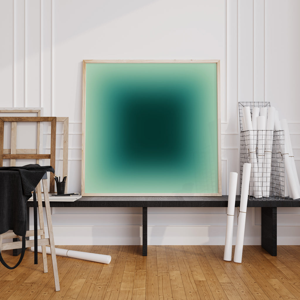 Minimal green wall art with teal gradient on canvas