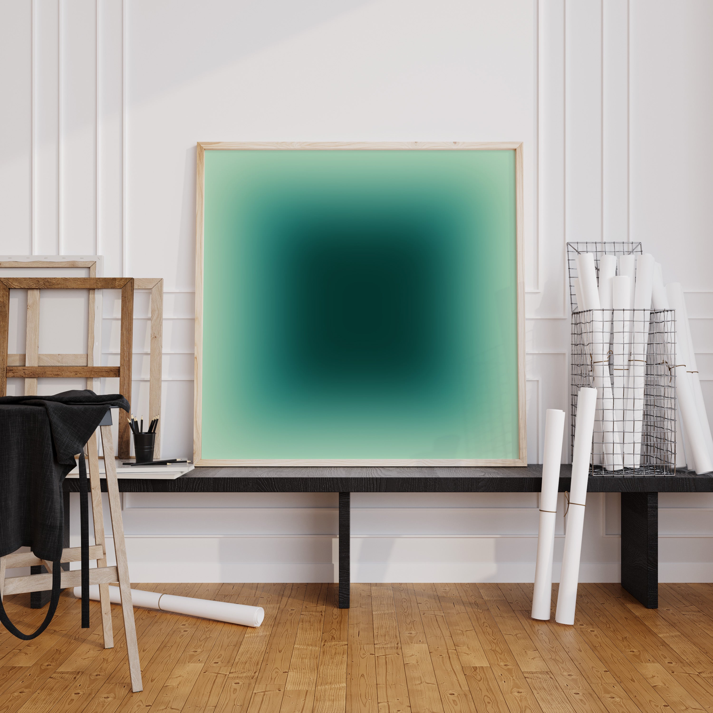 Minimal green wall art with teal gradient on canvas