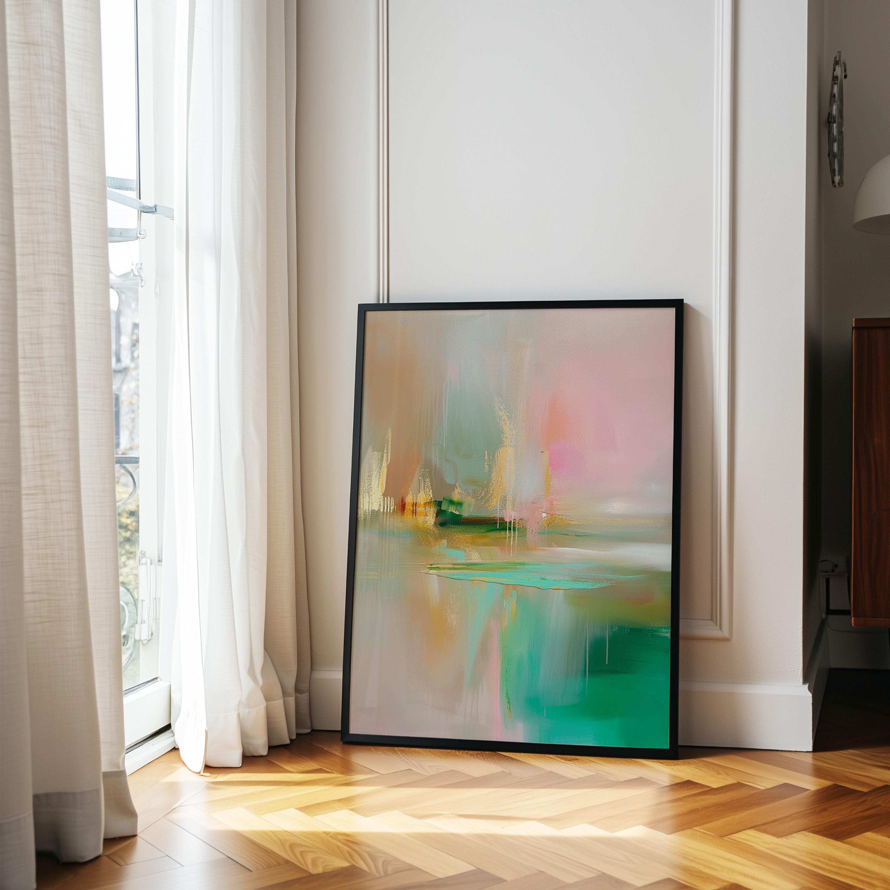 Emerald Mist Abstract Art, Serene Gradient Canvas, Misty Morning Landscape Painting
