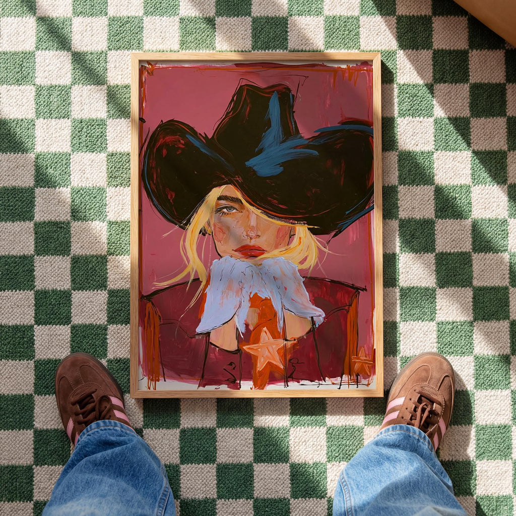Black Hat Cowgirl Art Print, Pink Western Portrait, Cowgirl Wall Decor, Western home decor