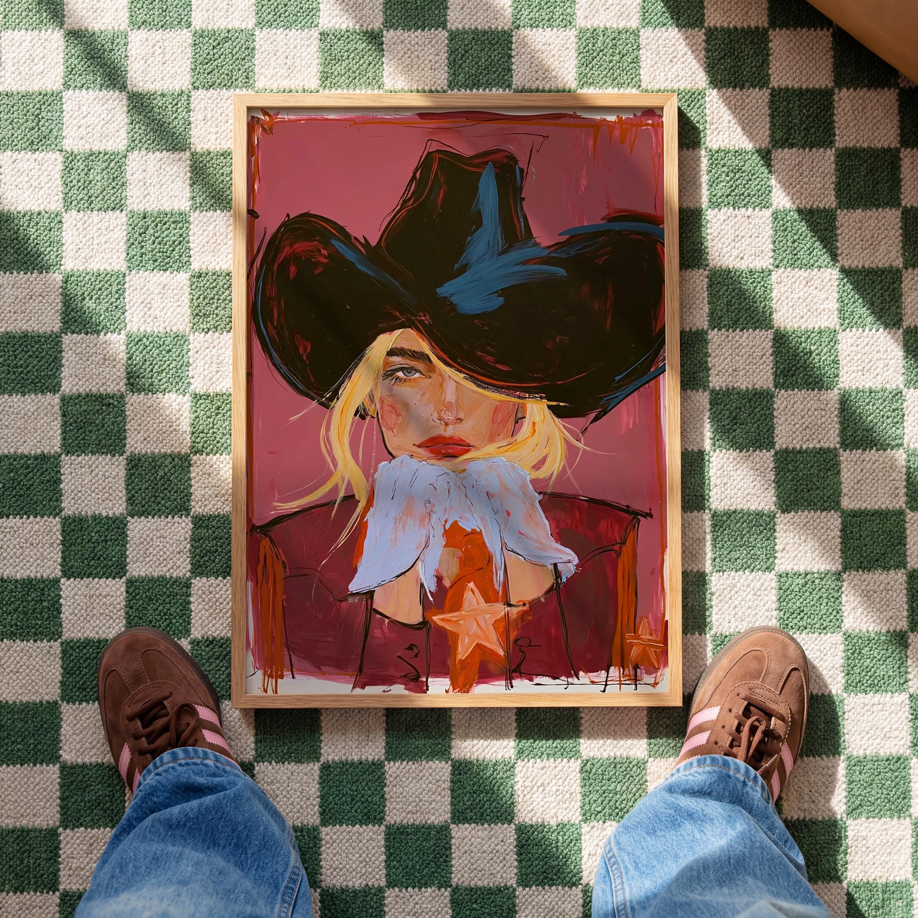 Black Hat Cowgirl Art Print, Pink Western Portrait, Cowgirl Wall Decor, Western home decor
