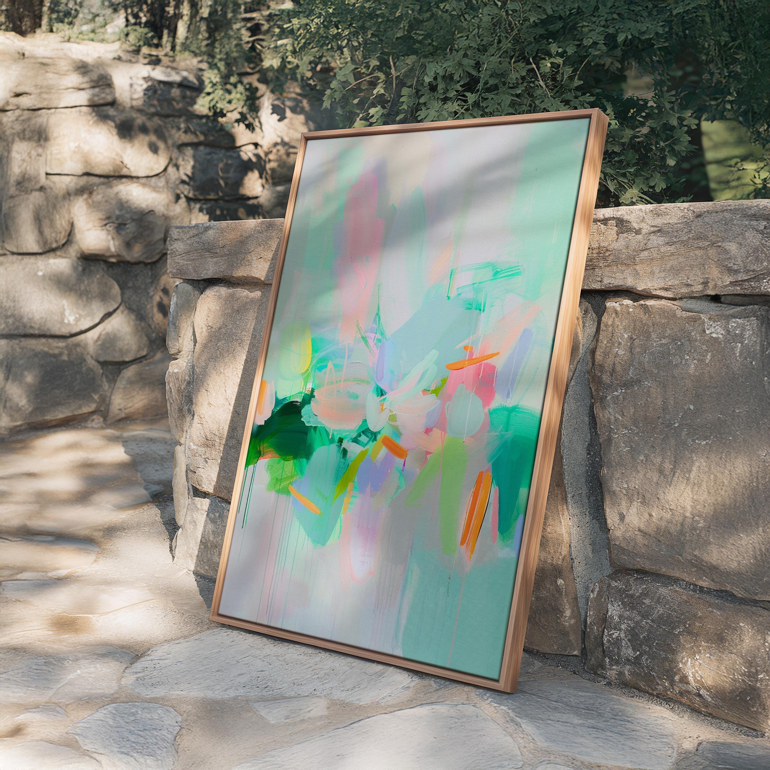 Mint Bloom Abstract Art Print | Pastel Green & Coral Painting | Modern Colorful Wall Decor