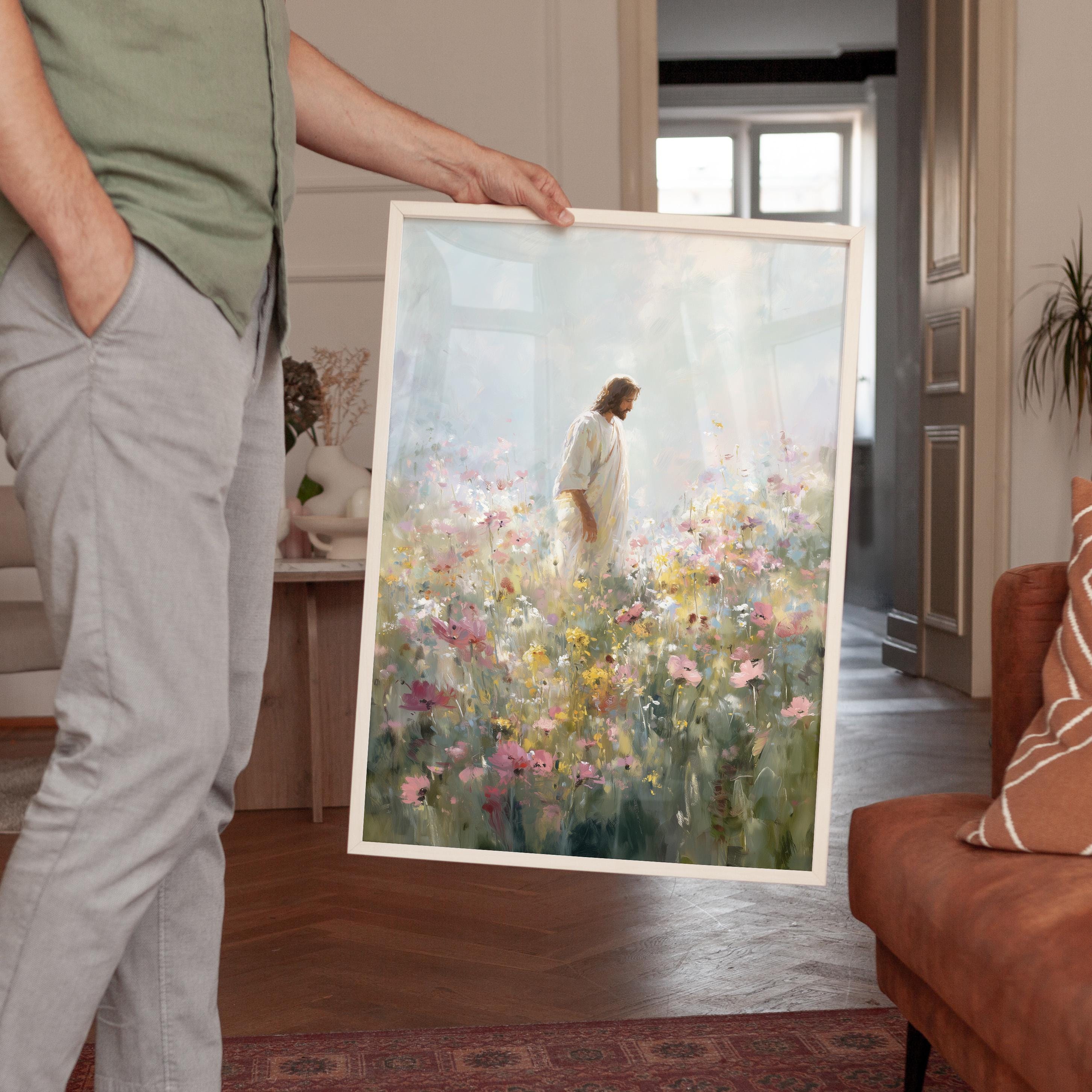 Jesus in Wildflower Field Print, Christian Wall Art, Faith Inspired Floral Painting, Bible Decor Printable Wall Art